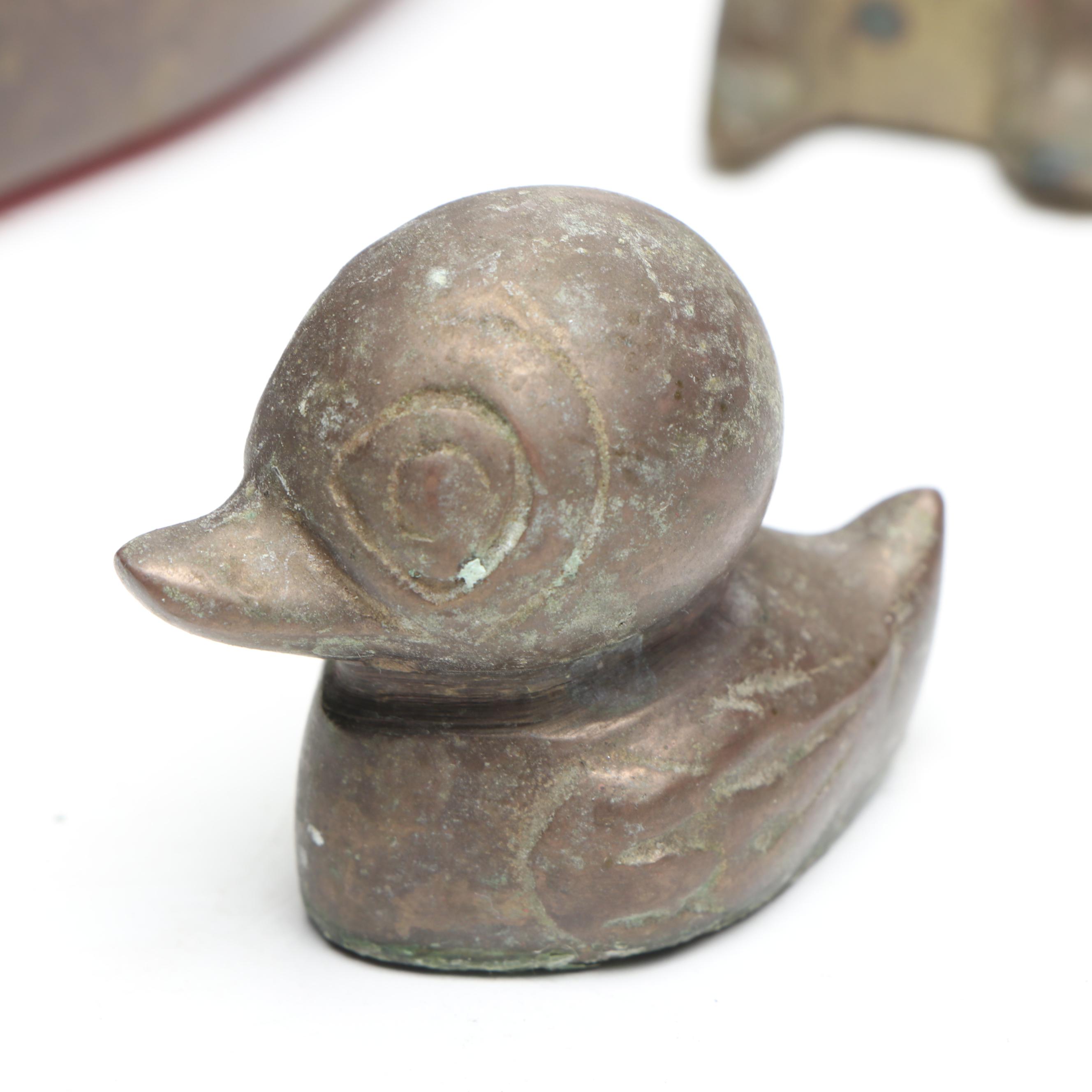 Turtle Brass Decorative Box with Duck Figure and Other Brass Figures