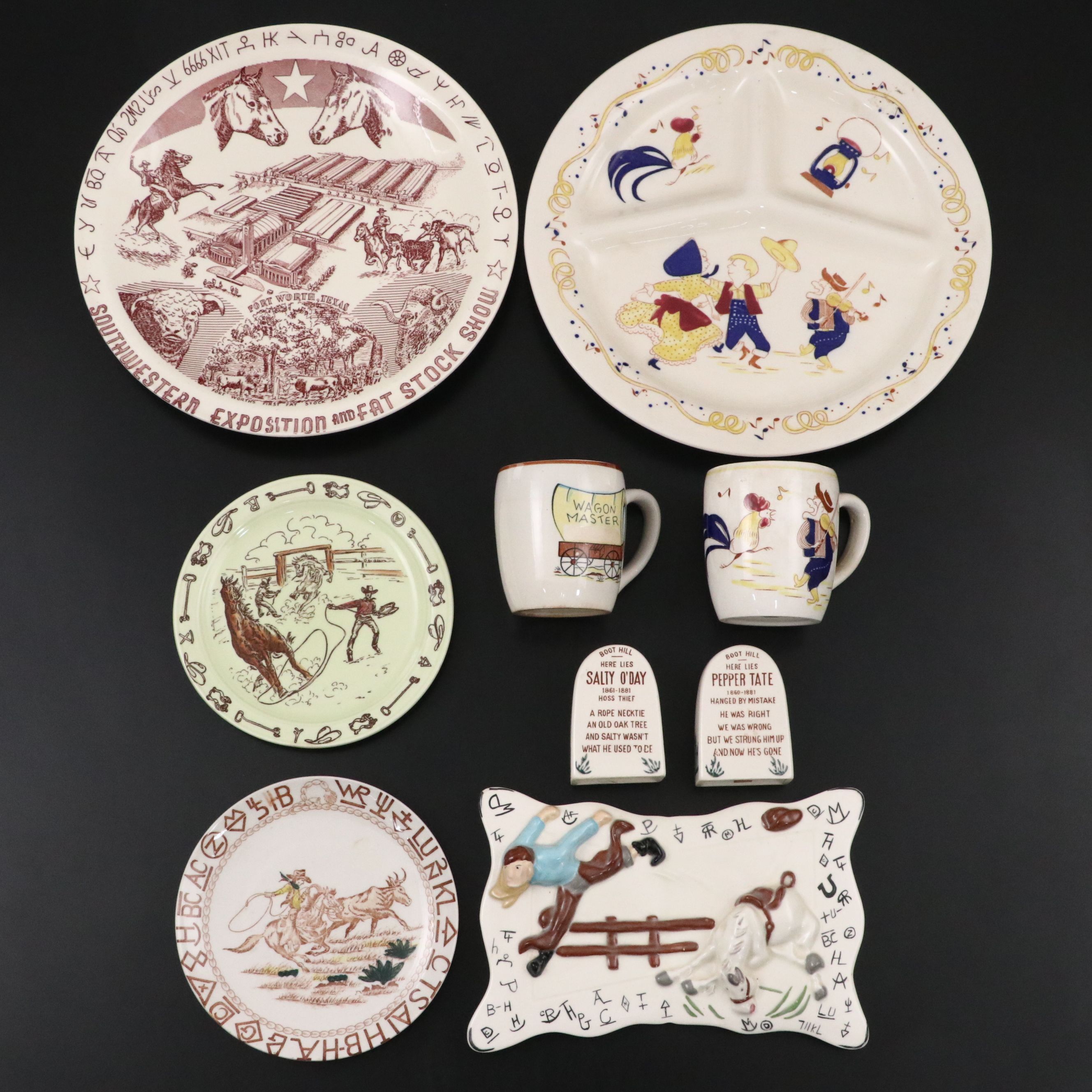 Vintage Ceramic Cowboy Dishes and  Tableware, Mid to Late 20th Century