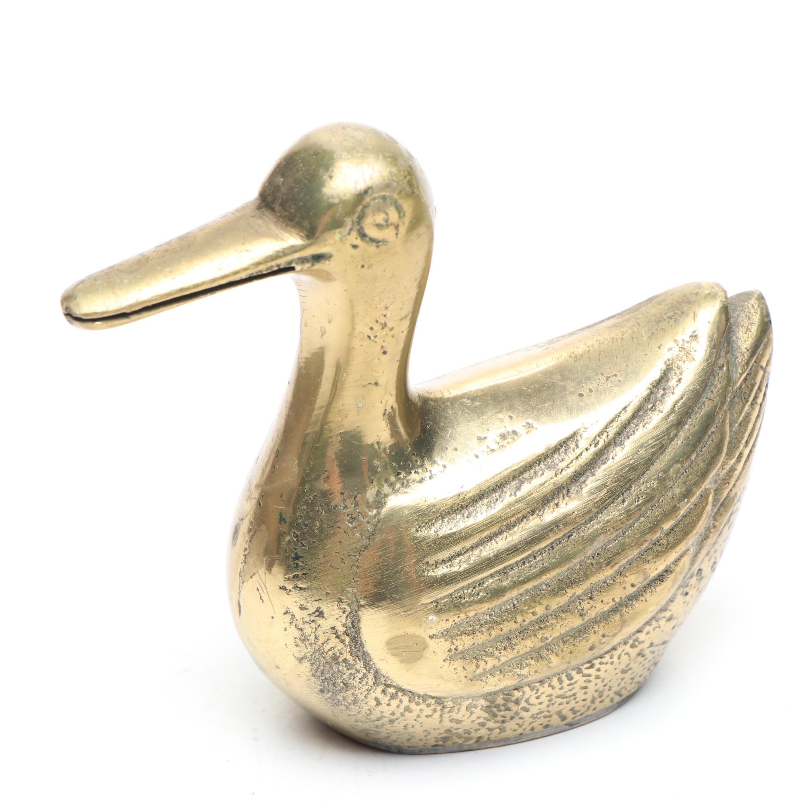 Turtle Brass Decorative Box with Duck Figure and Other Brass Figures