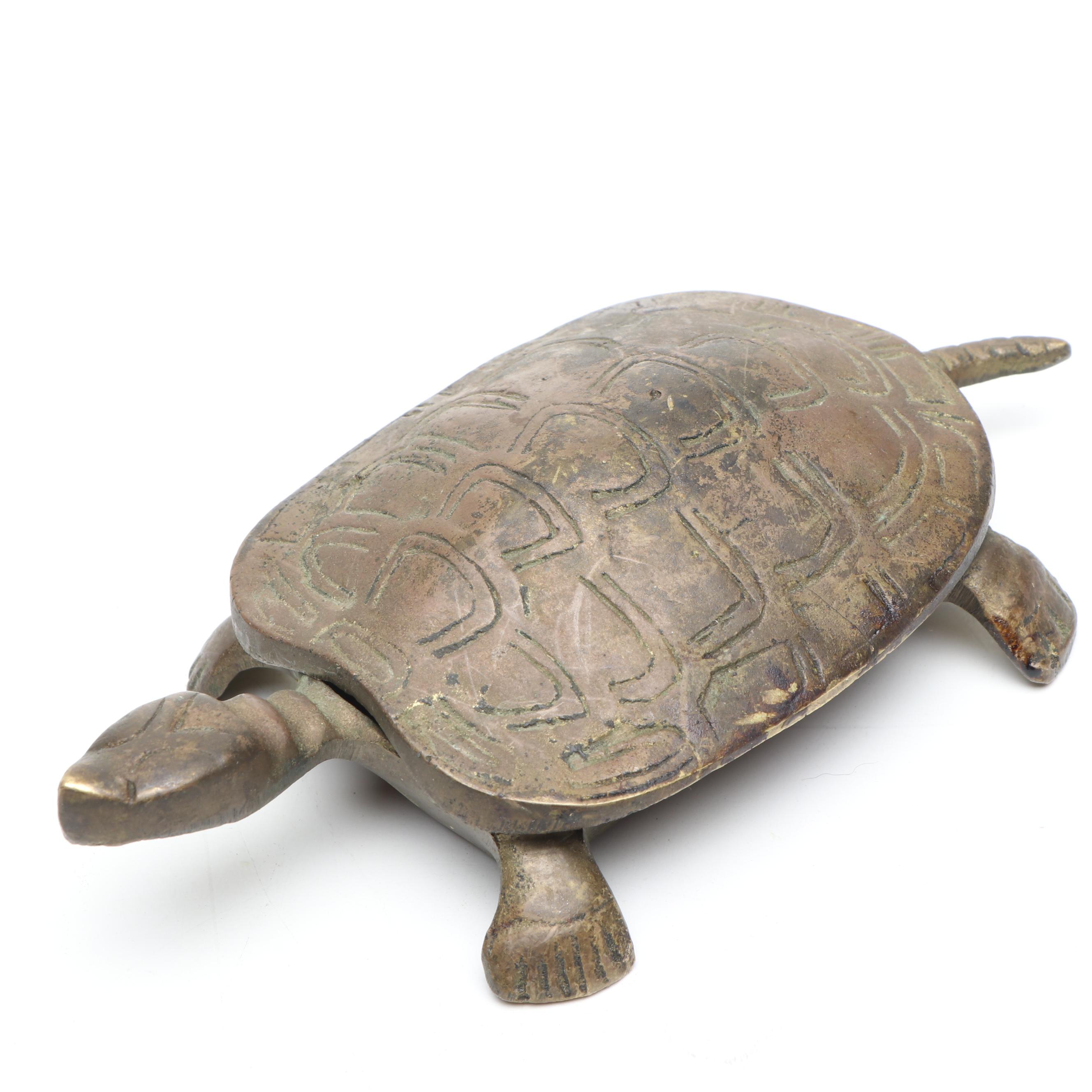 Turtle Brass Decorative Box with Duck Figure and Other Brass Figures