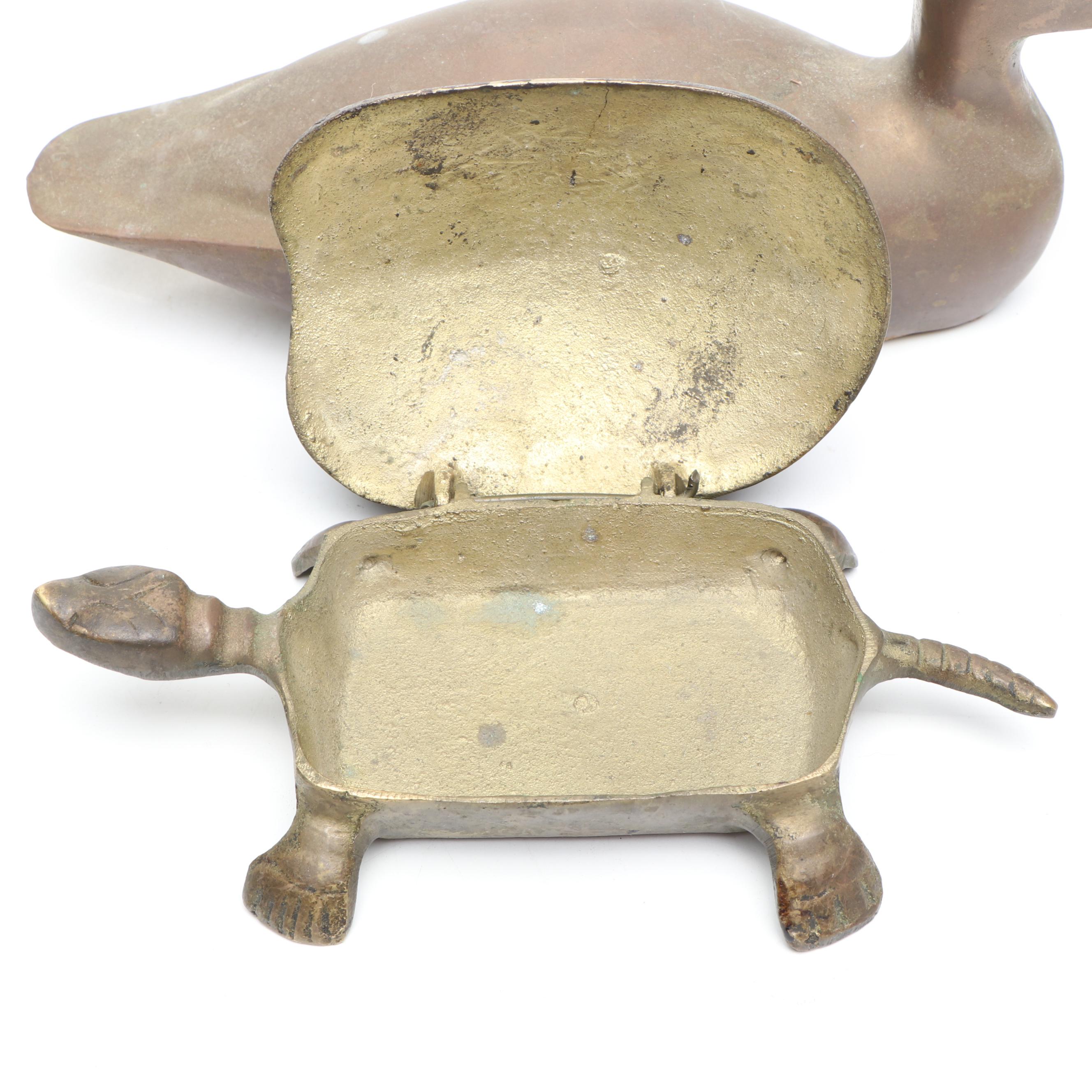 Turtle Brass Decorative Box with Duck Figure and Other Brass Figures