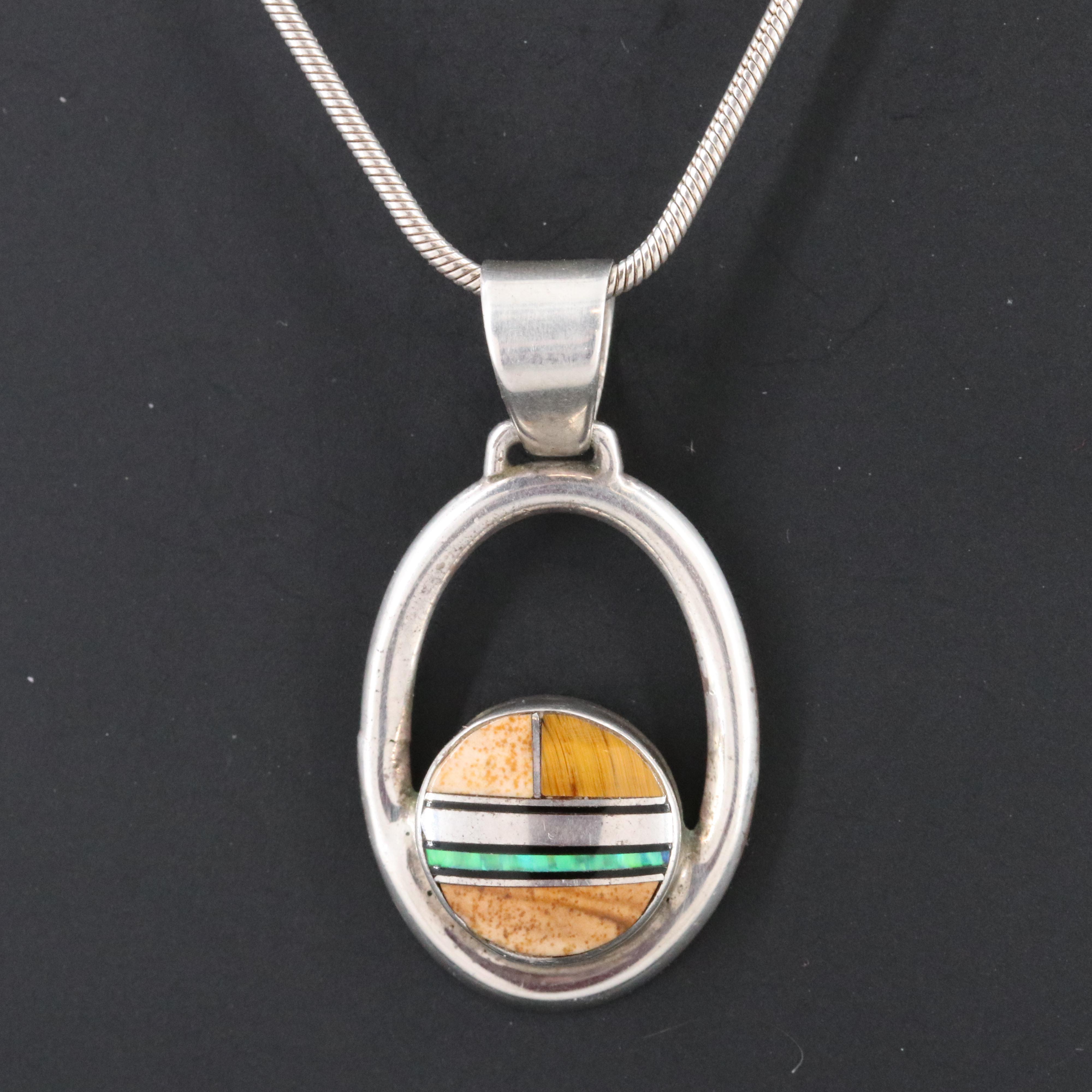 Navajo Albert Francisco Jasper, Tiger's Eye and Opal Pendant Necklace