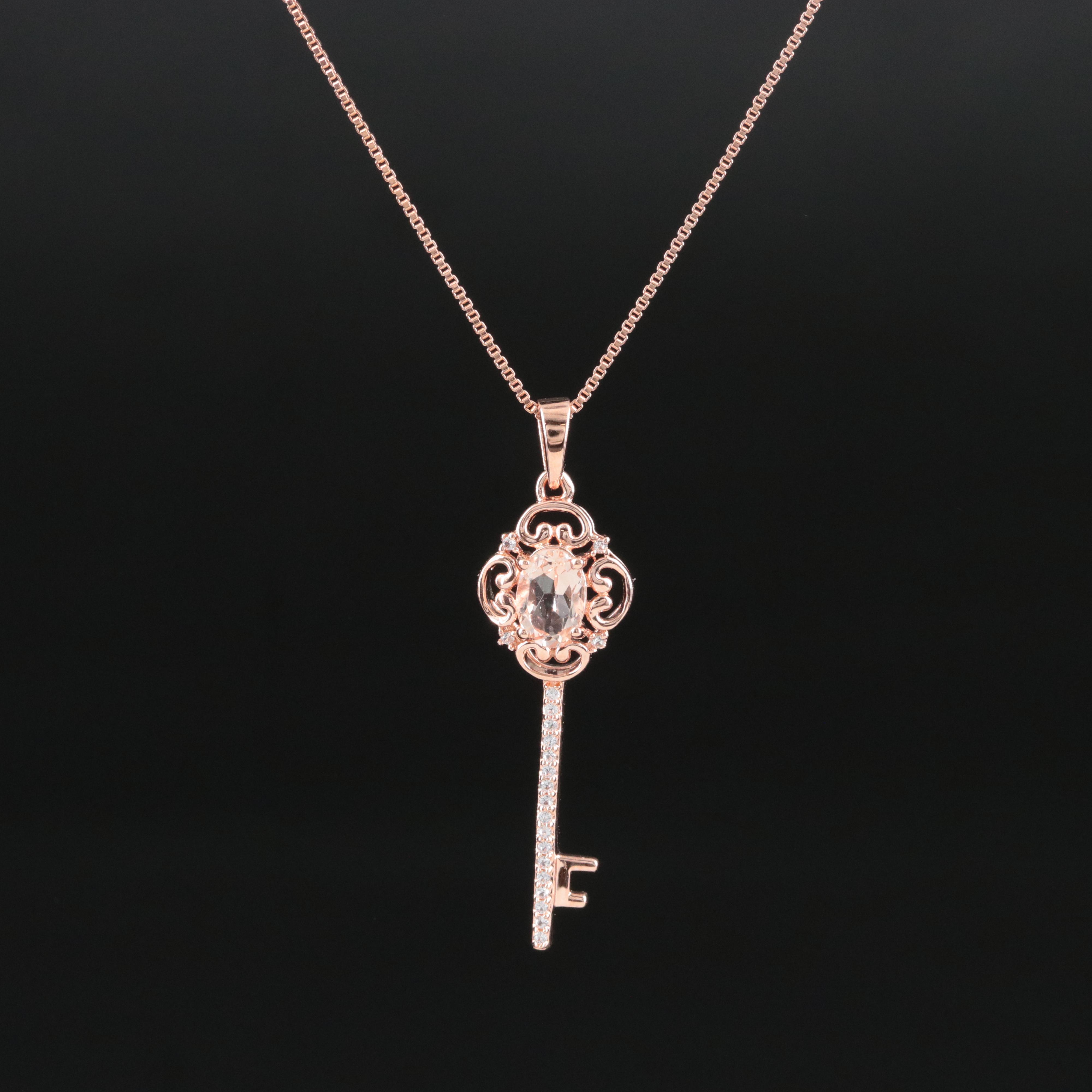 Sterling Morganite and White Sapphire Key Pendant Necklace