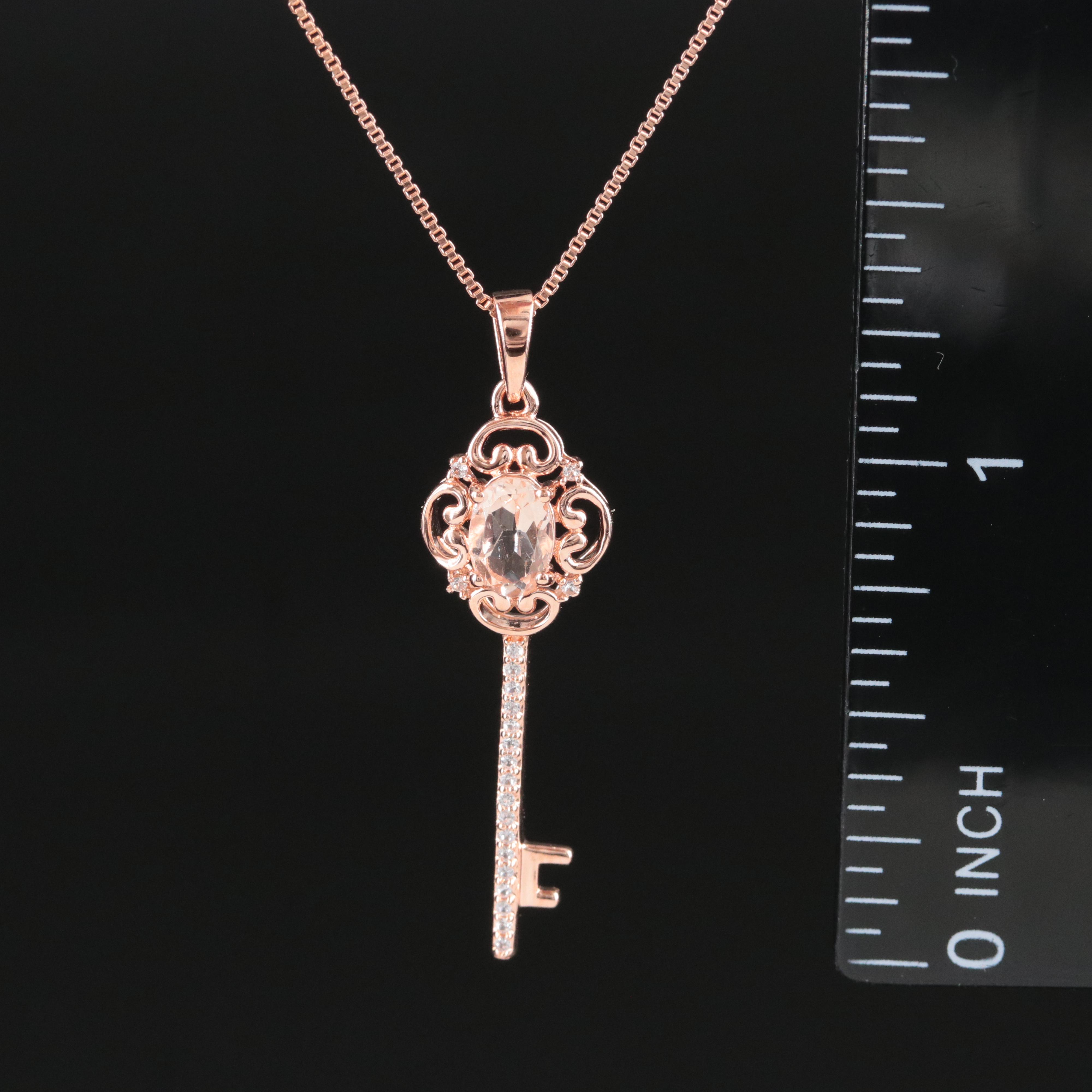 Sterling Morganite and White Sapphire Key Pendant Necklace