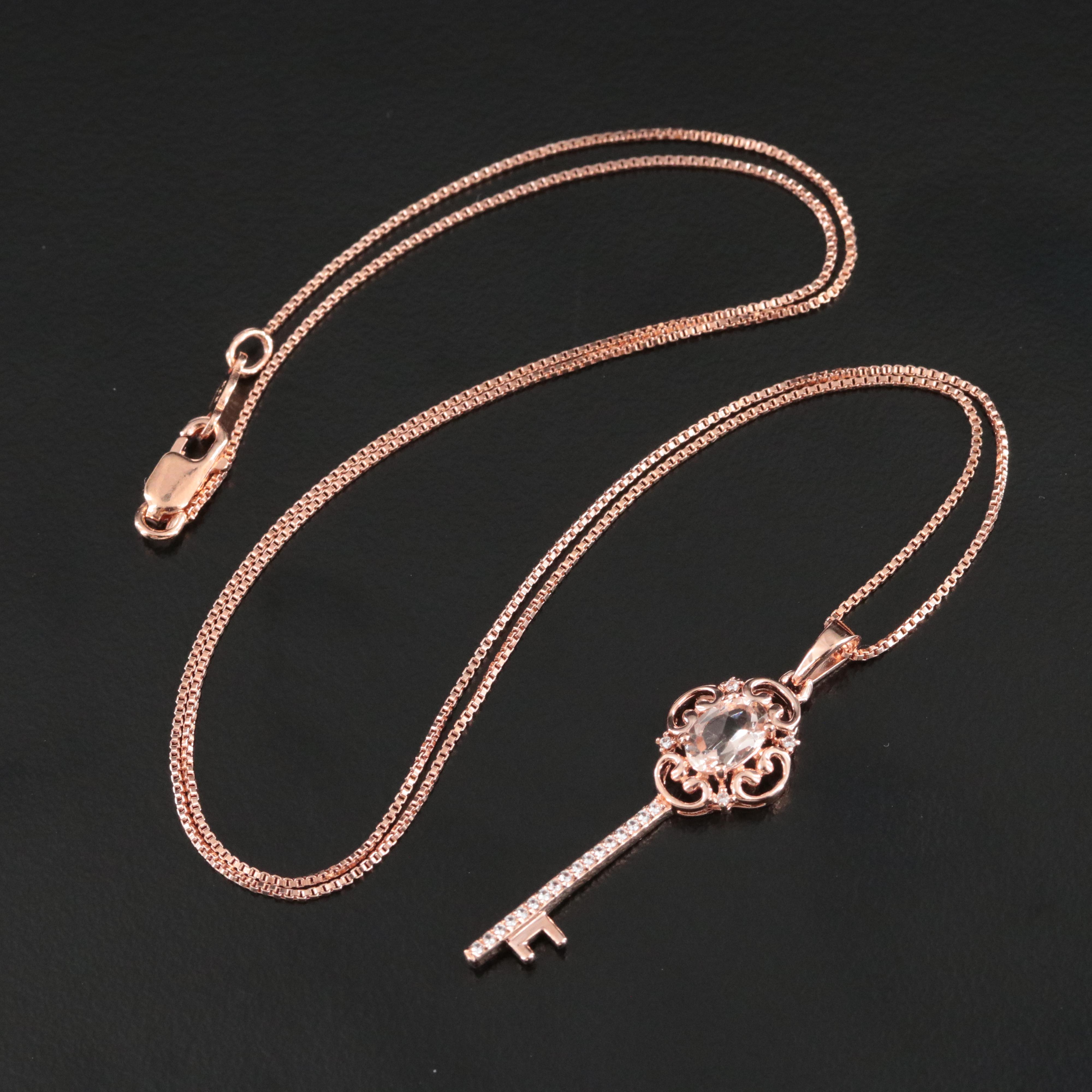Sterling Morganite and White Sapphire Key Pendant Necklace