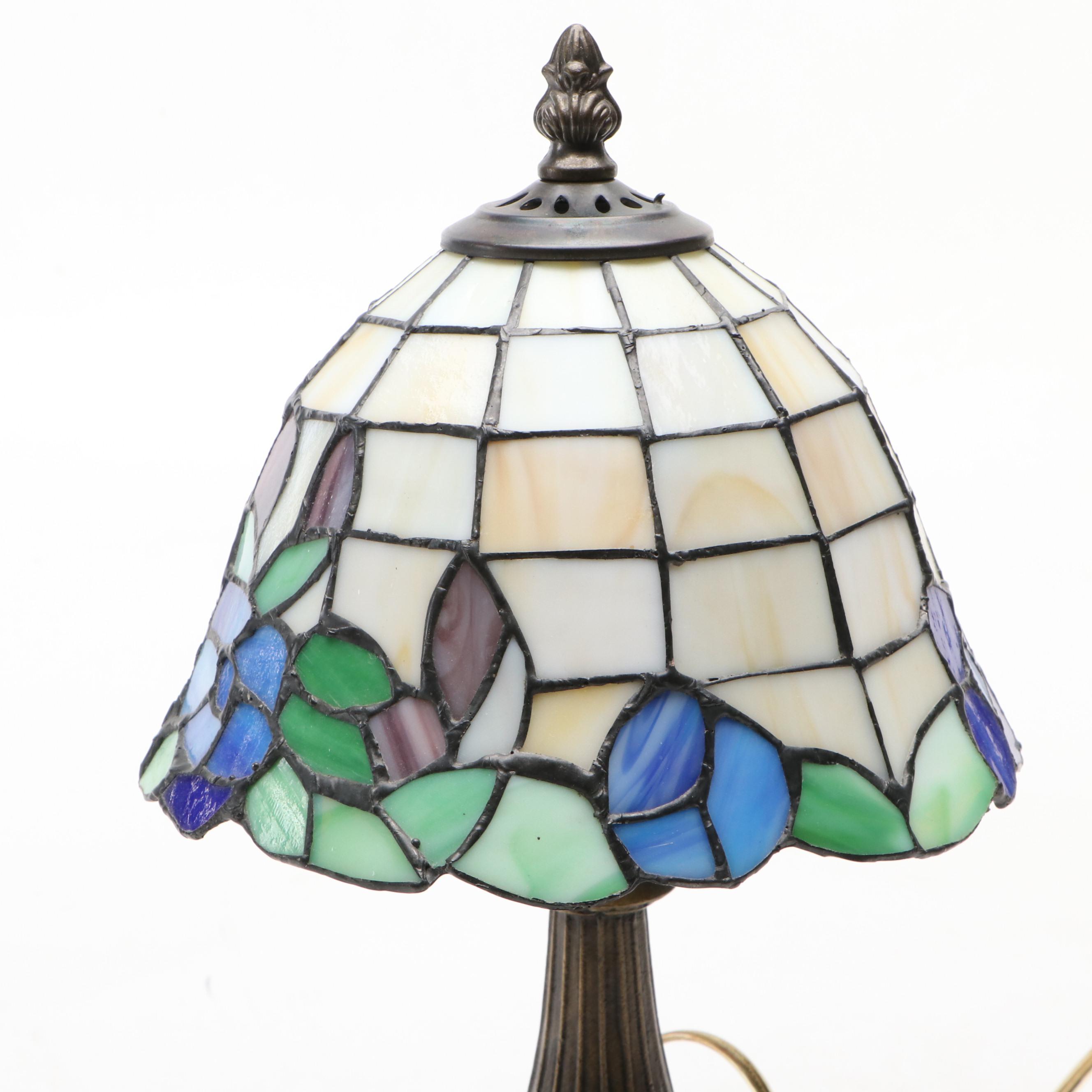 Pressed Metal Water Lily Accent Lamp with Slag Glass Floral Shade