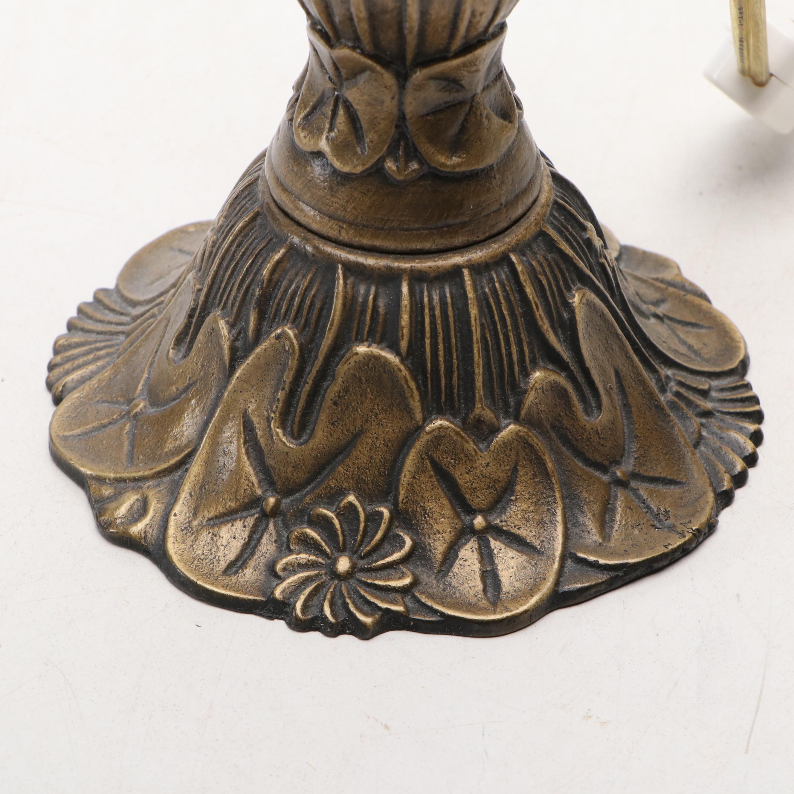 Pressed Metal Water Lily Accent Lamp with Slag Glass Floral Shade