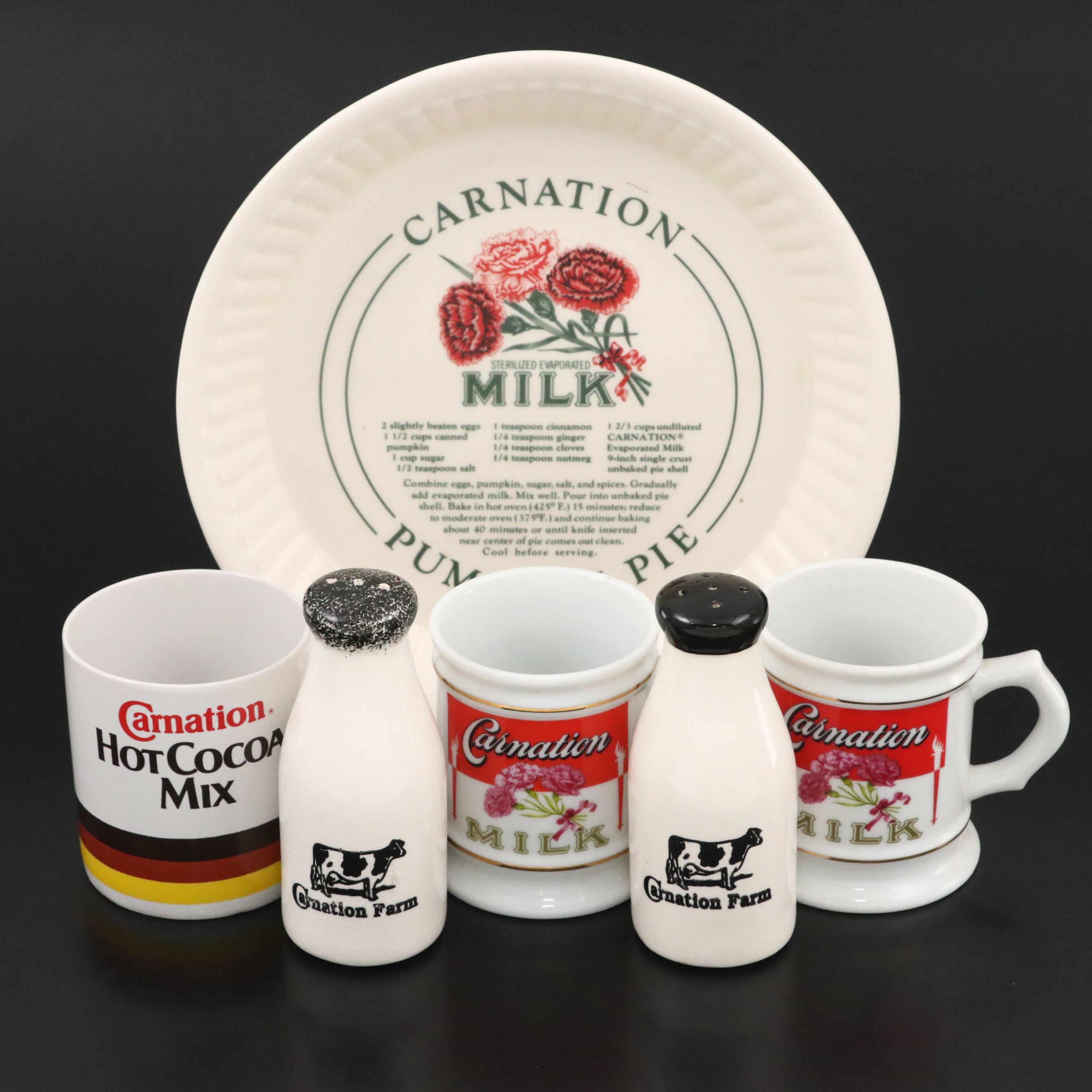Carnation Milk Advertising Pie Plate, Mugs and Shakers, Mid to Late 20th Century