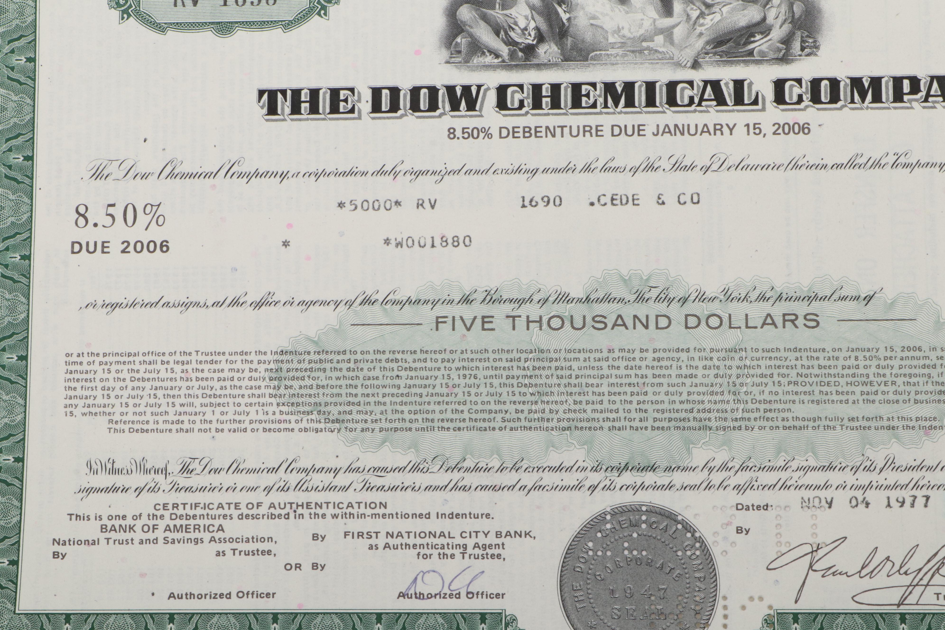 The Dow Chemical Company 5,000 Shares Stock Certificate, 1977