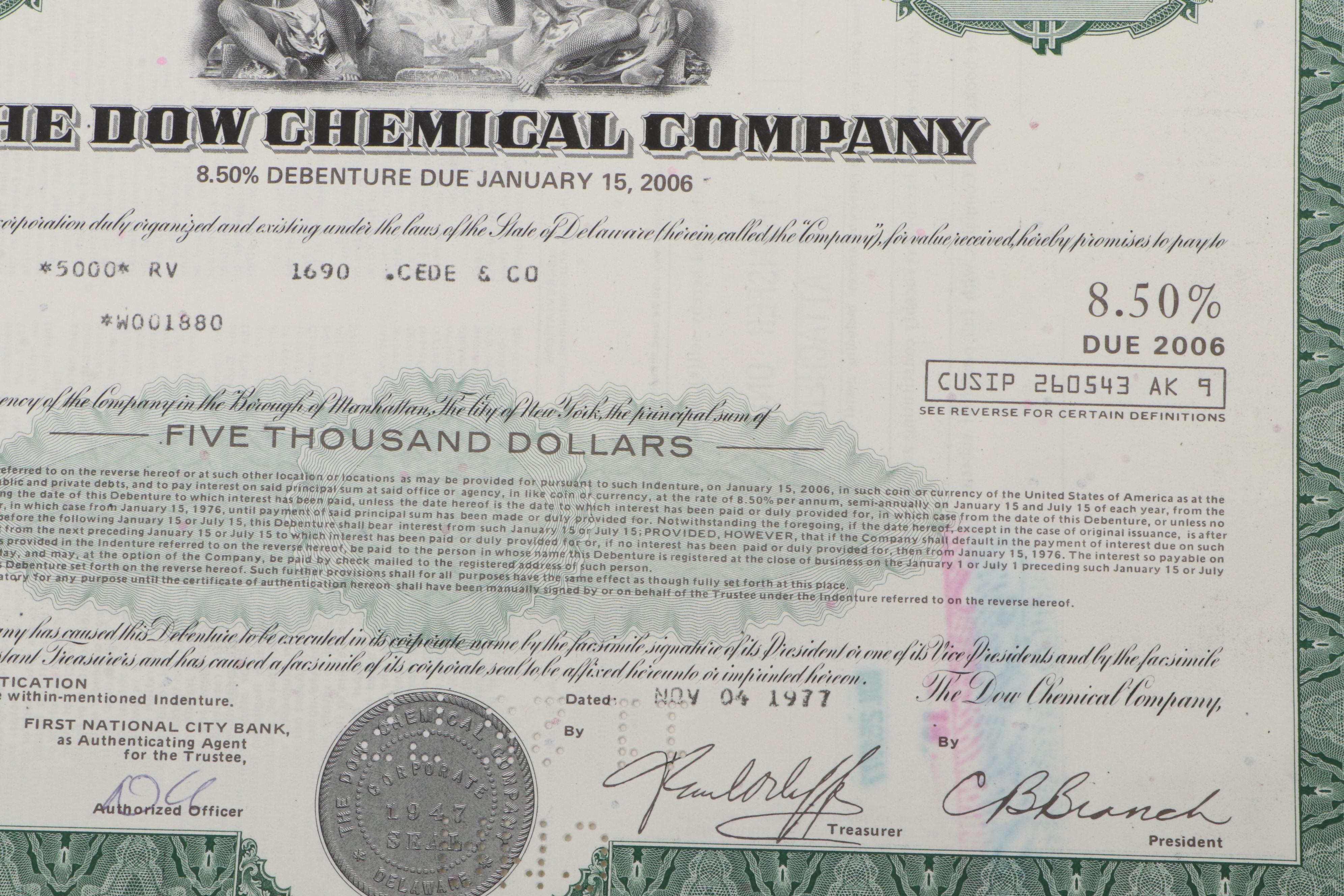 The Dow Chemical Company 5,000 Shares Stock Certificate, 1977