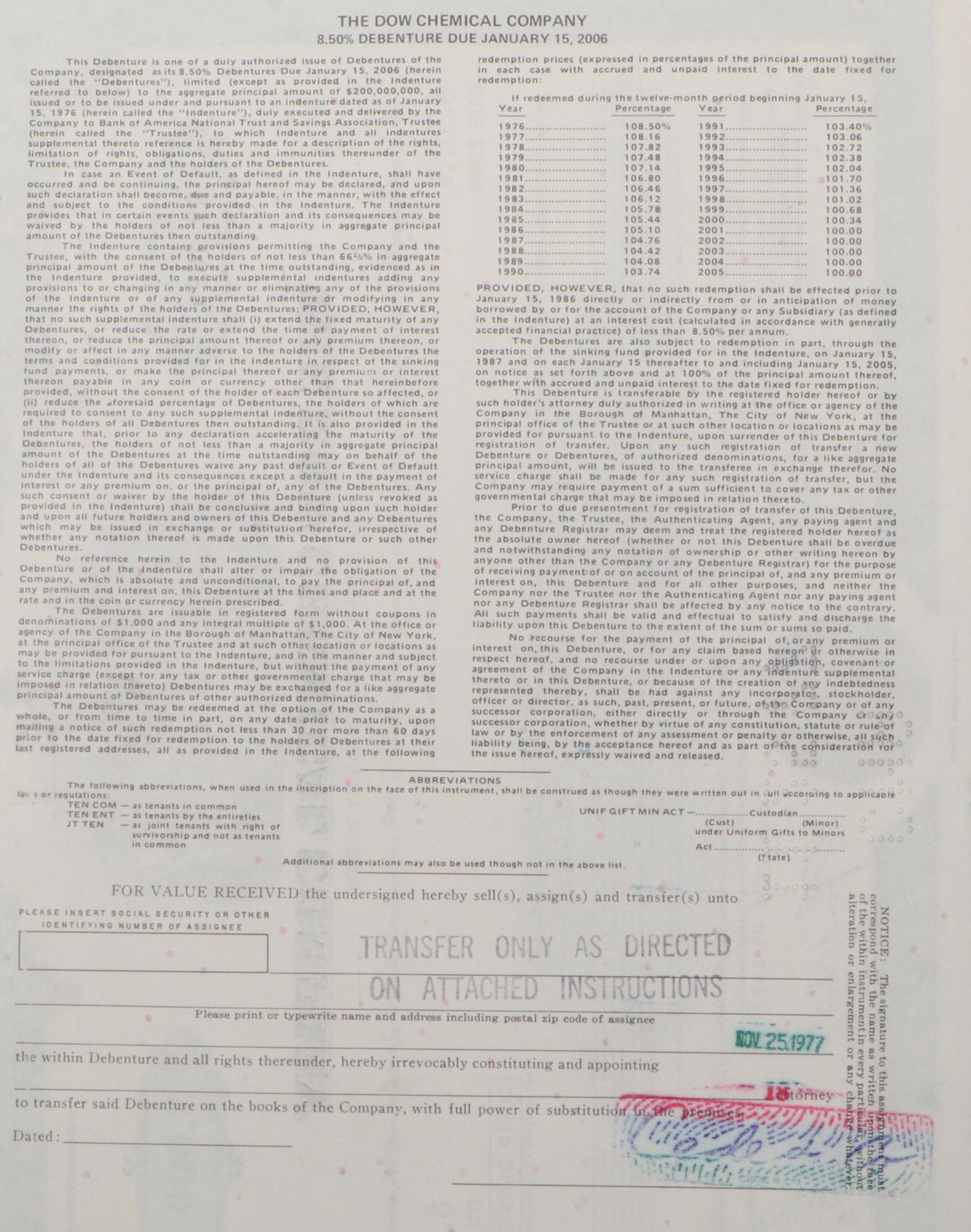 The Dow Chemical Company 5,000 Shares Stock Certificate, 1977
