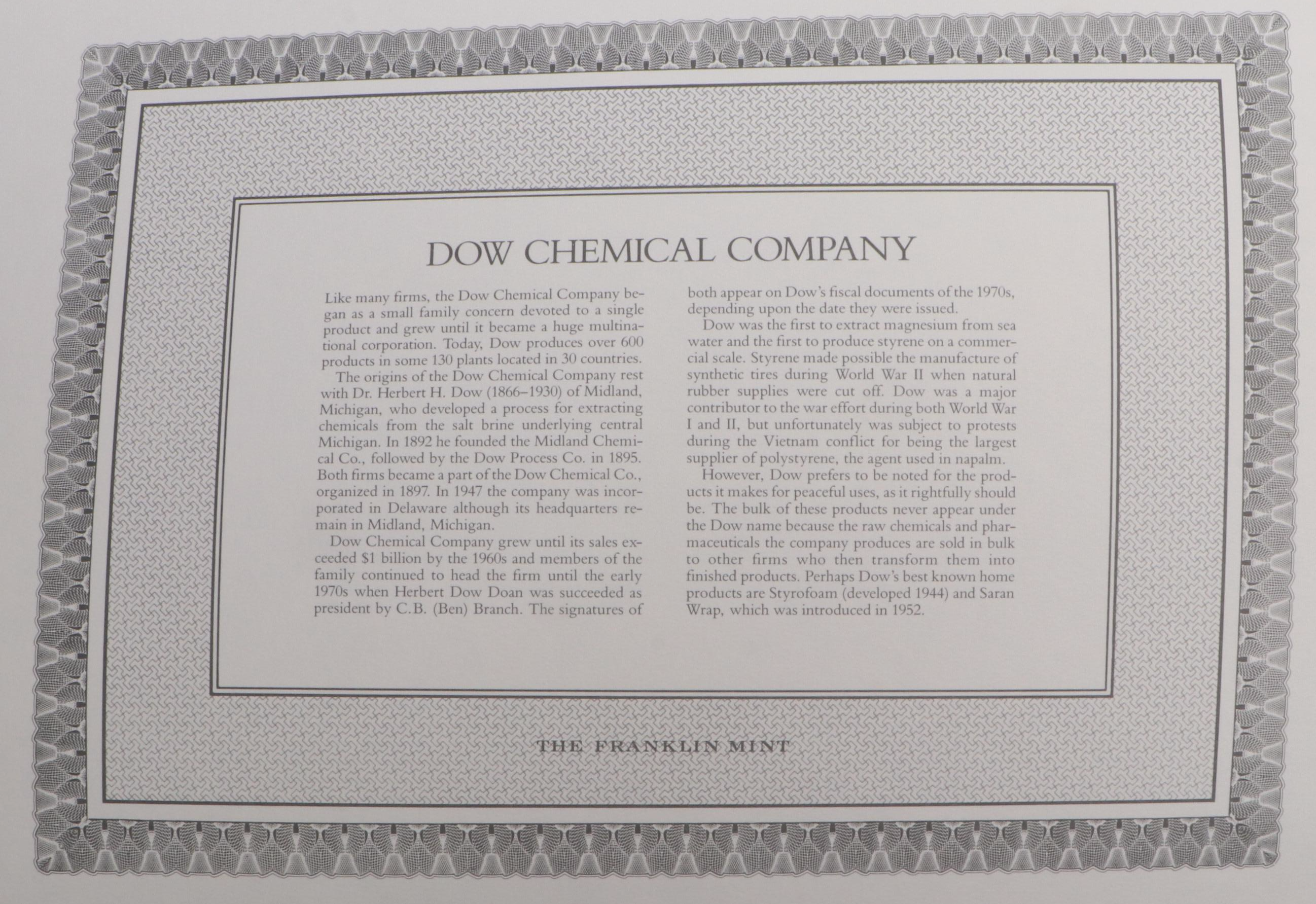 The Dow Chemical Company 5,000 Shares Stock Certificate, 1977