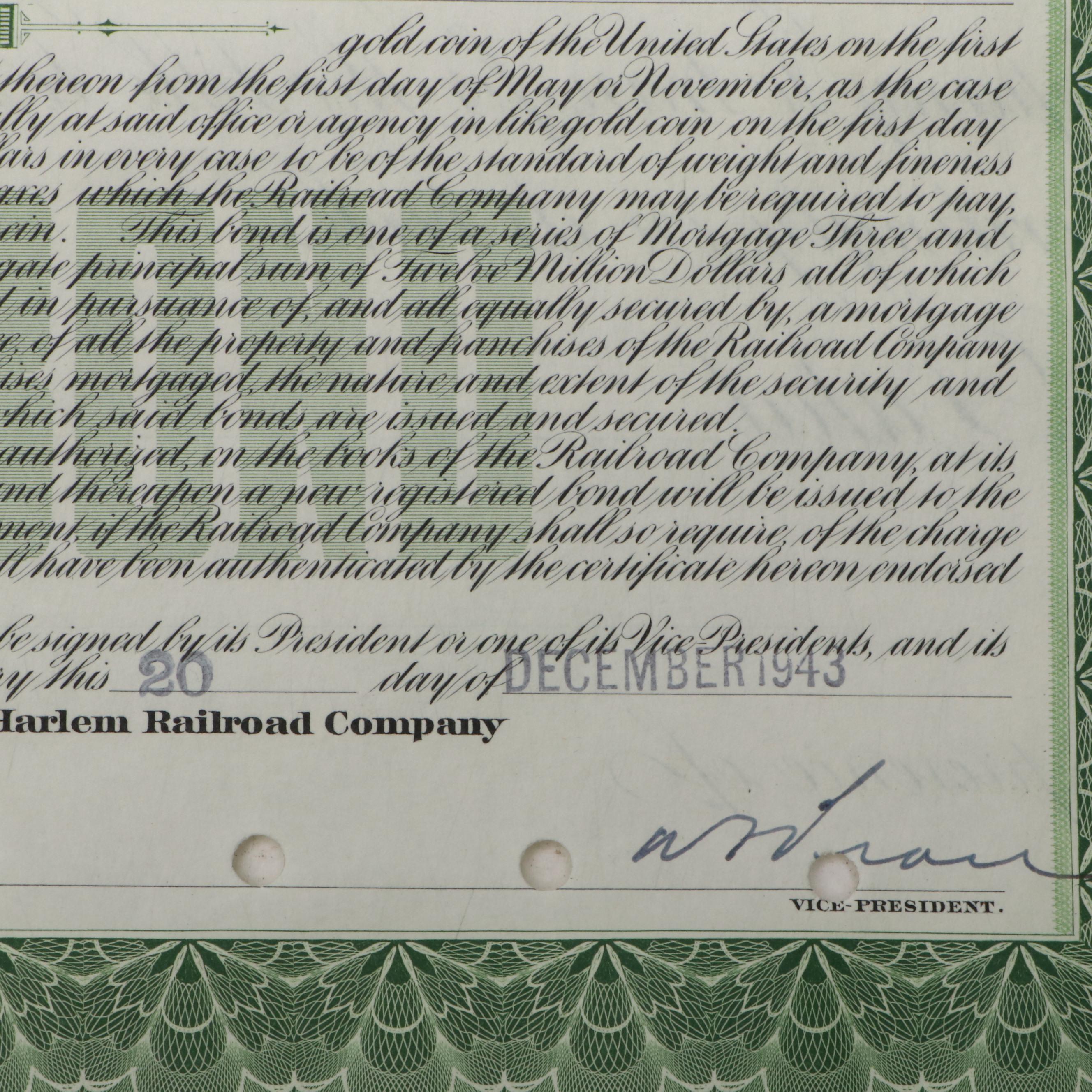 The New York and Harlem Railroad 10,000 Shares Stock Certificate, 1947