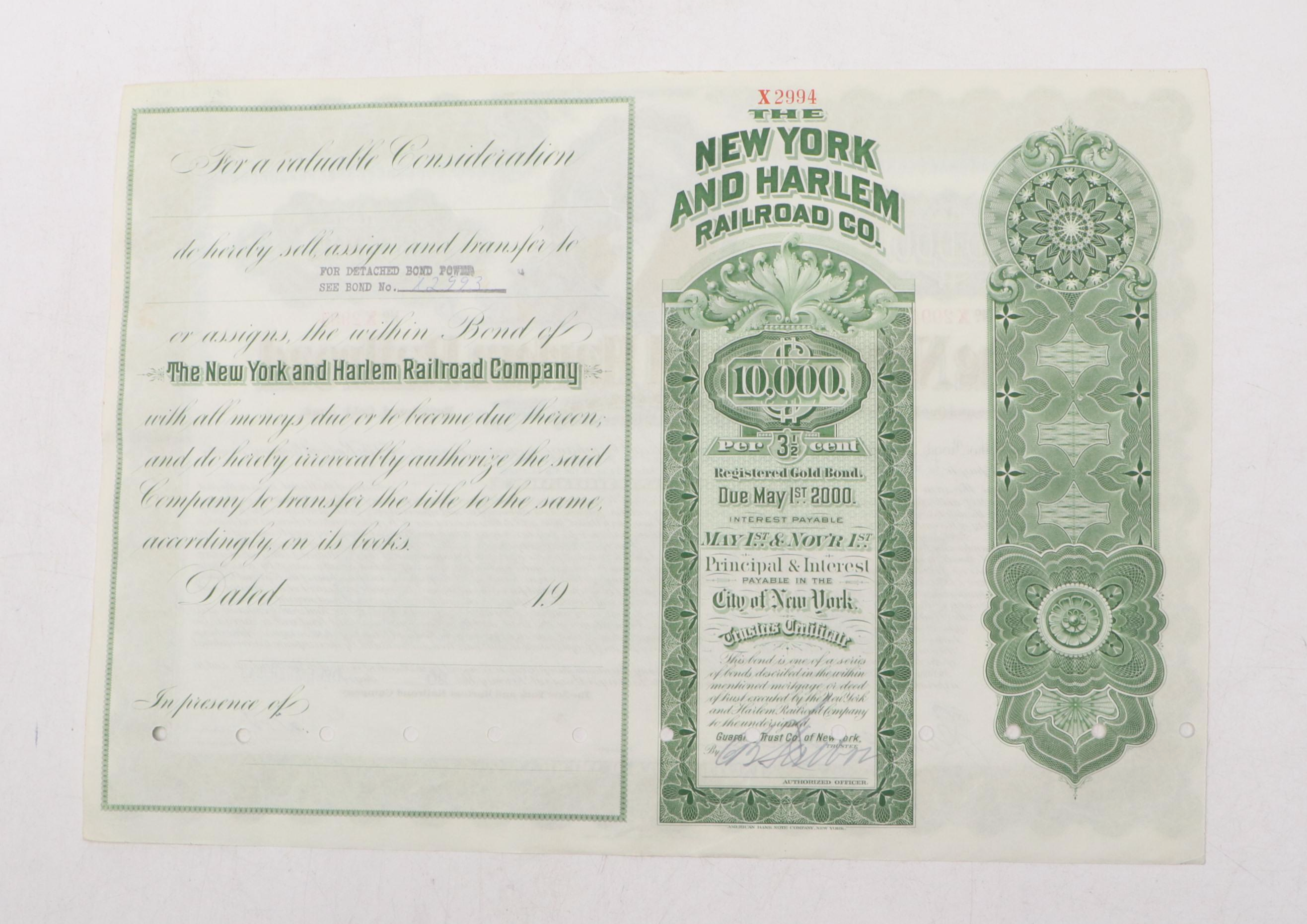 The New York and Harlem Railroad 10,000 Shares Stock Certificate, 1947