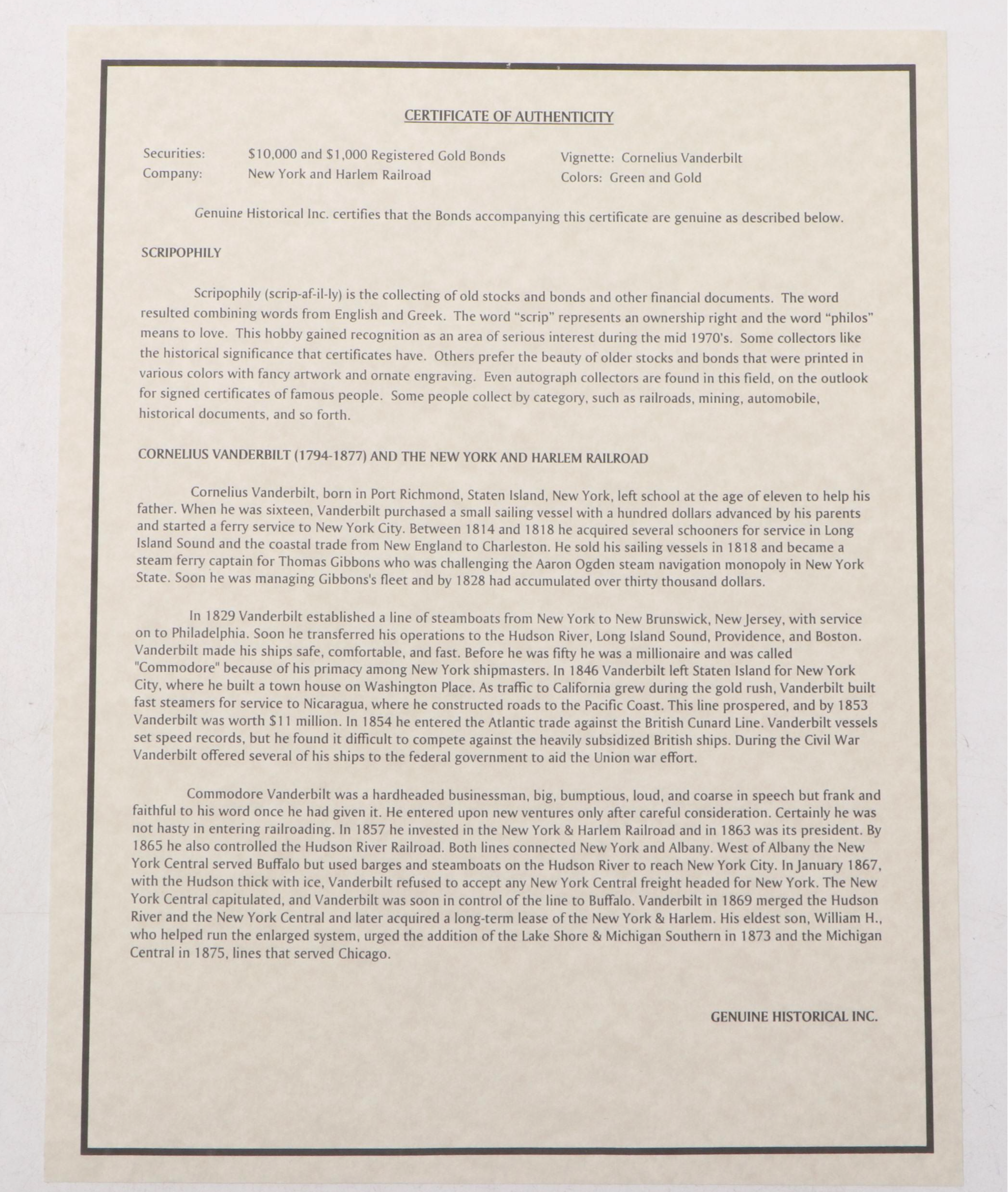 The New York and Harlem Railroad 10,000 Shares Stock Certificate, 1947