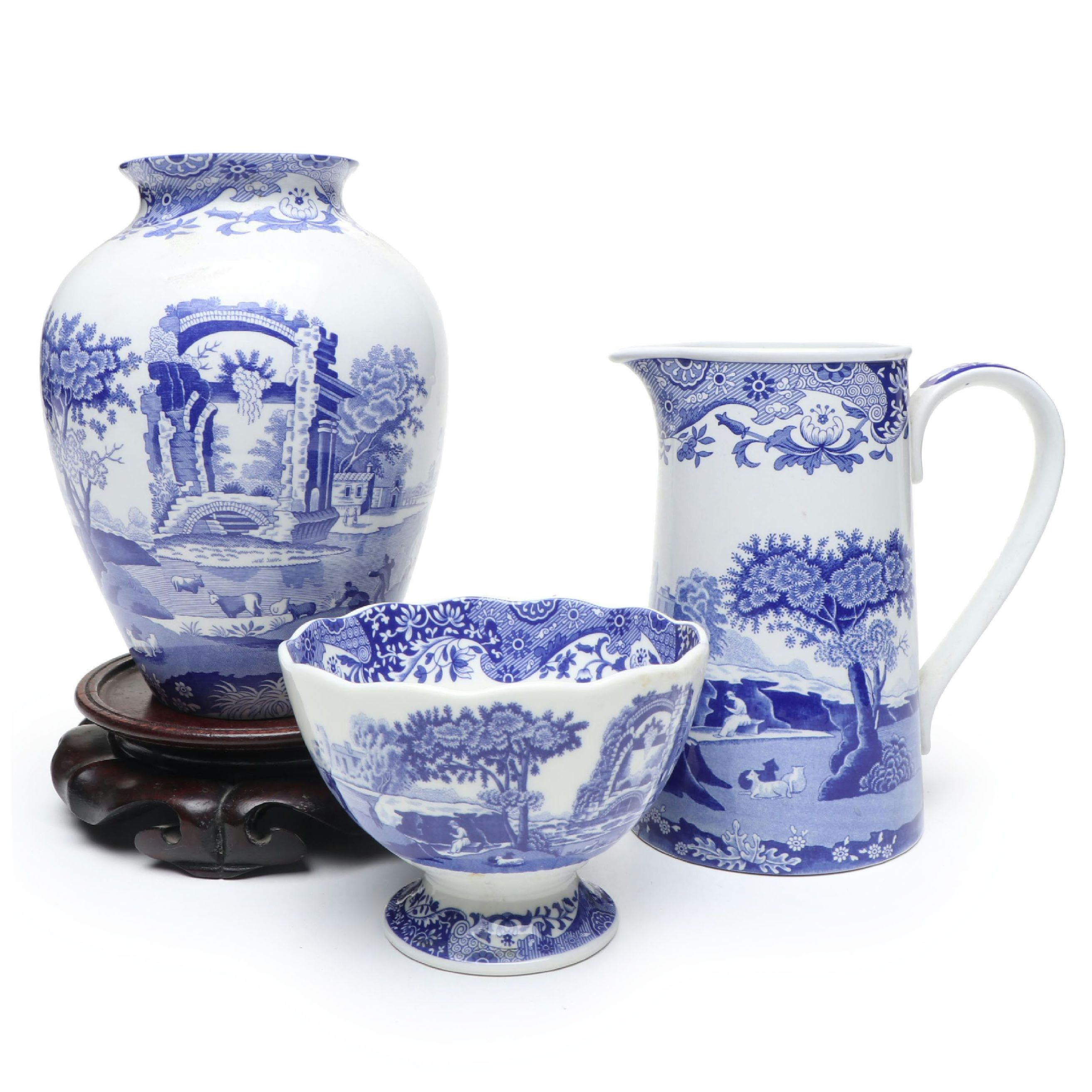 Spode "Italian" Ceramic Vase on Wood Base with Ceramic Pitcher and Footed Bowl