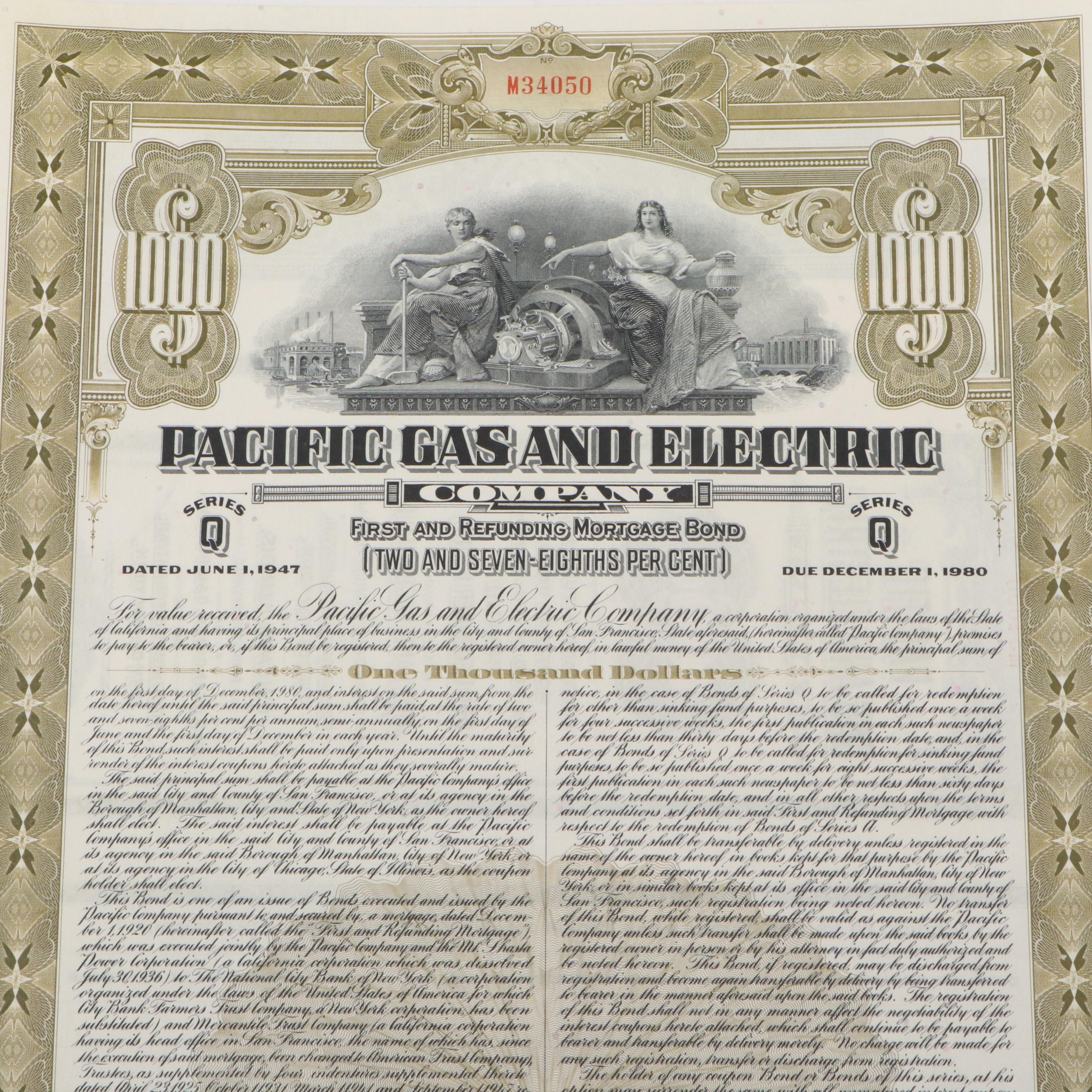Pacific Gas and Electric 1,000 Shares Stock Certifiicate, 1947