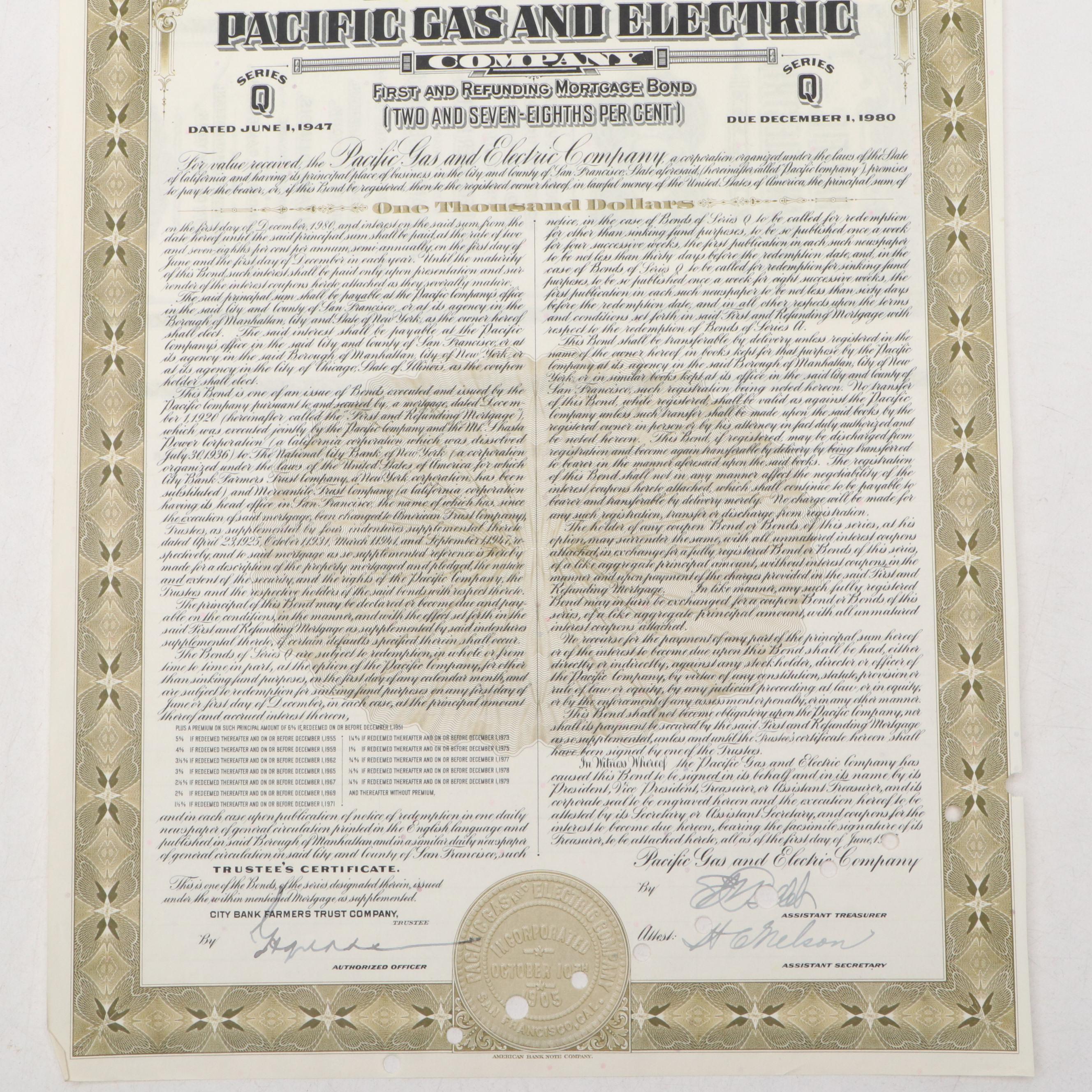 Pacific Gas and Electric 1,000 Shares Stock Certifiicate, 1947