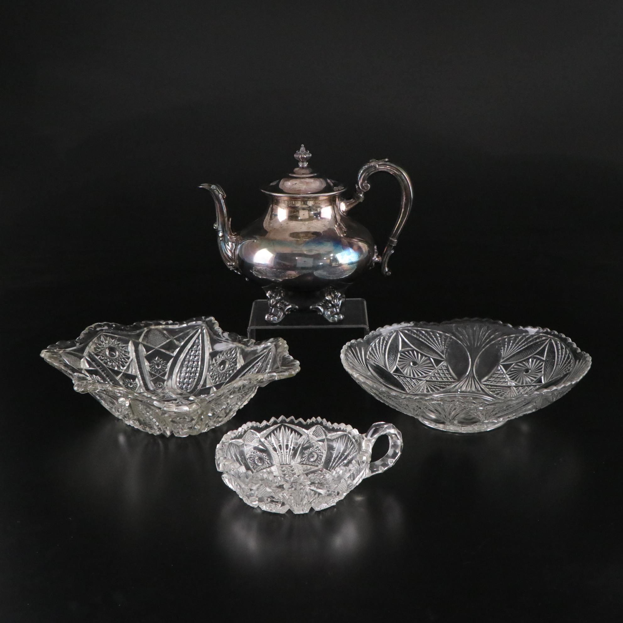 Silver Plate Teapot with American Brilliant Style Glass Dishes