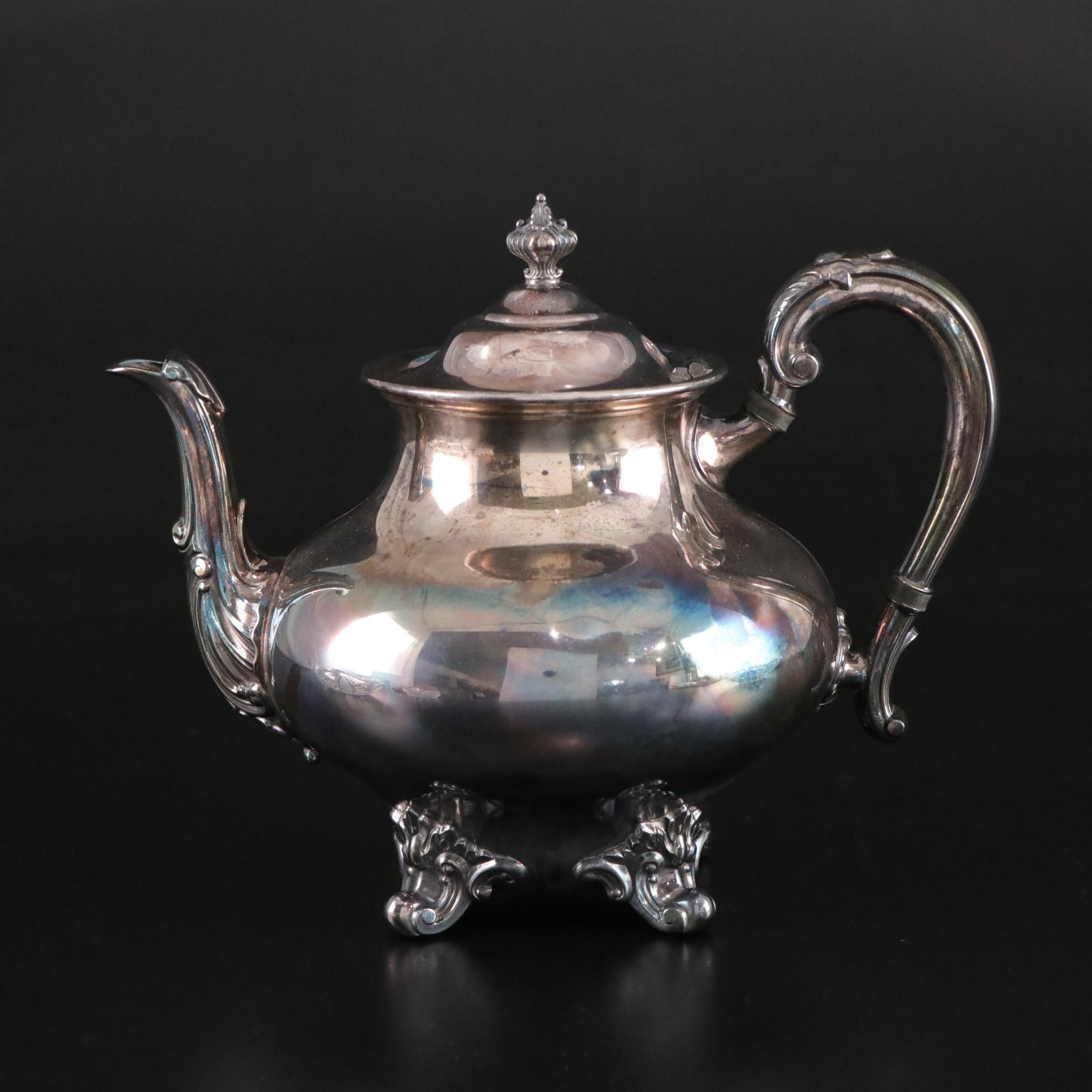 Silver Plate Teapot with American Brilliant Style Glass Dishes