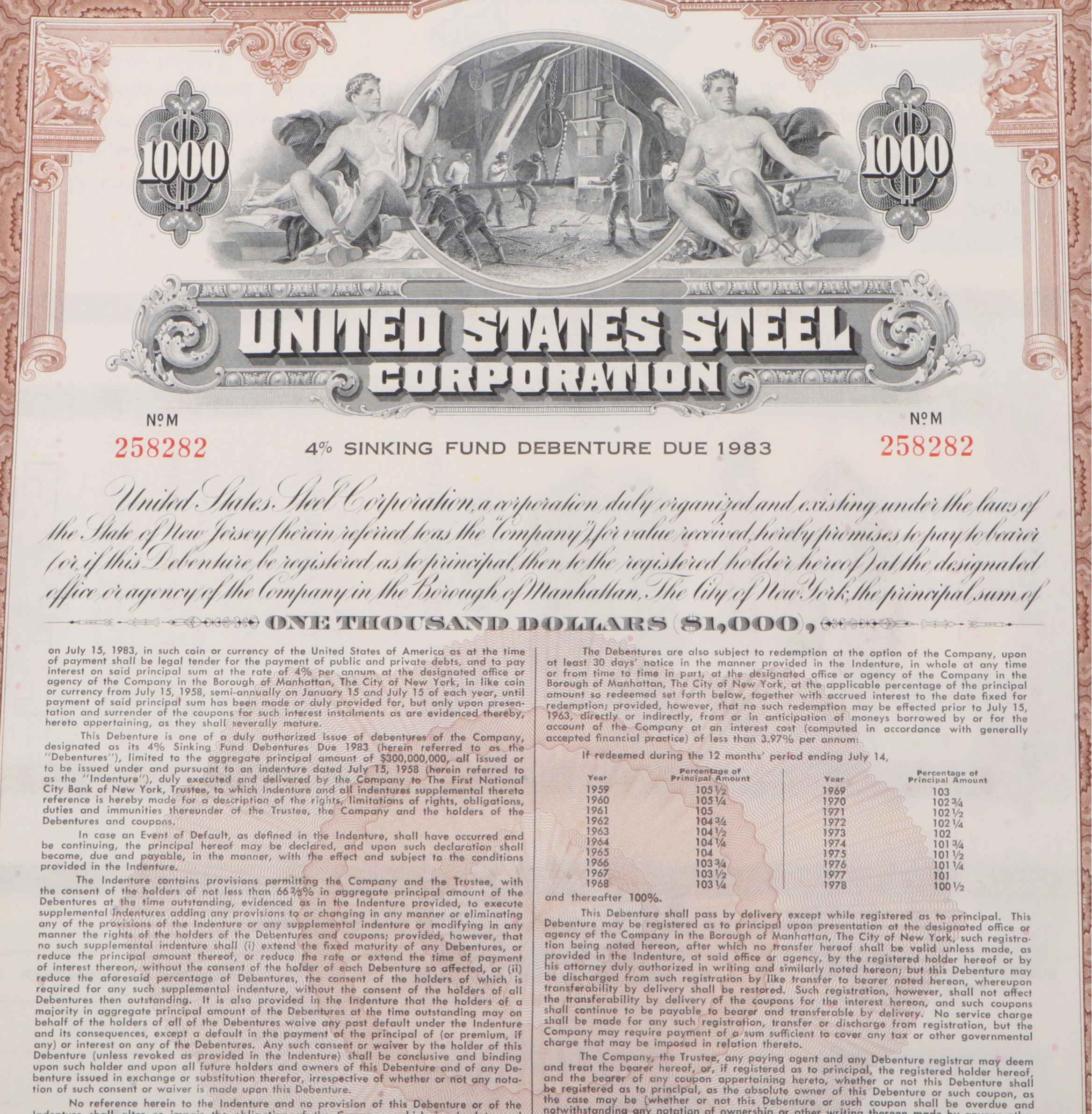 United States Steel Corporation 1,000 Shares Stock Certificate, 1958