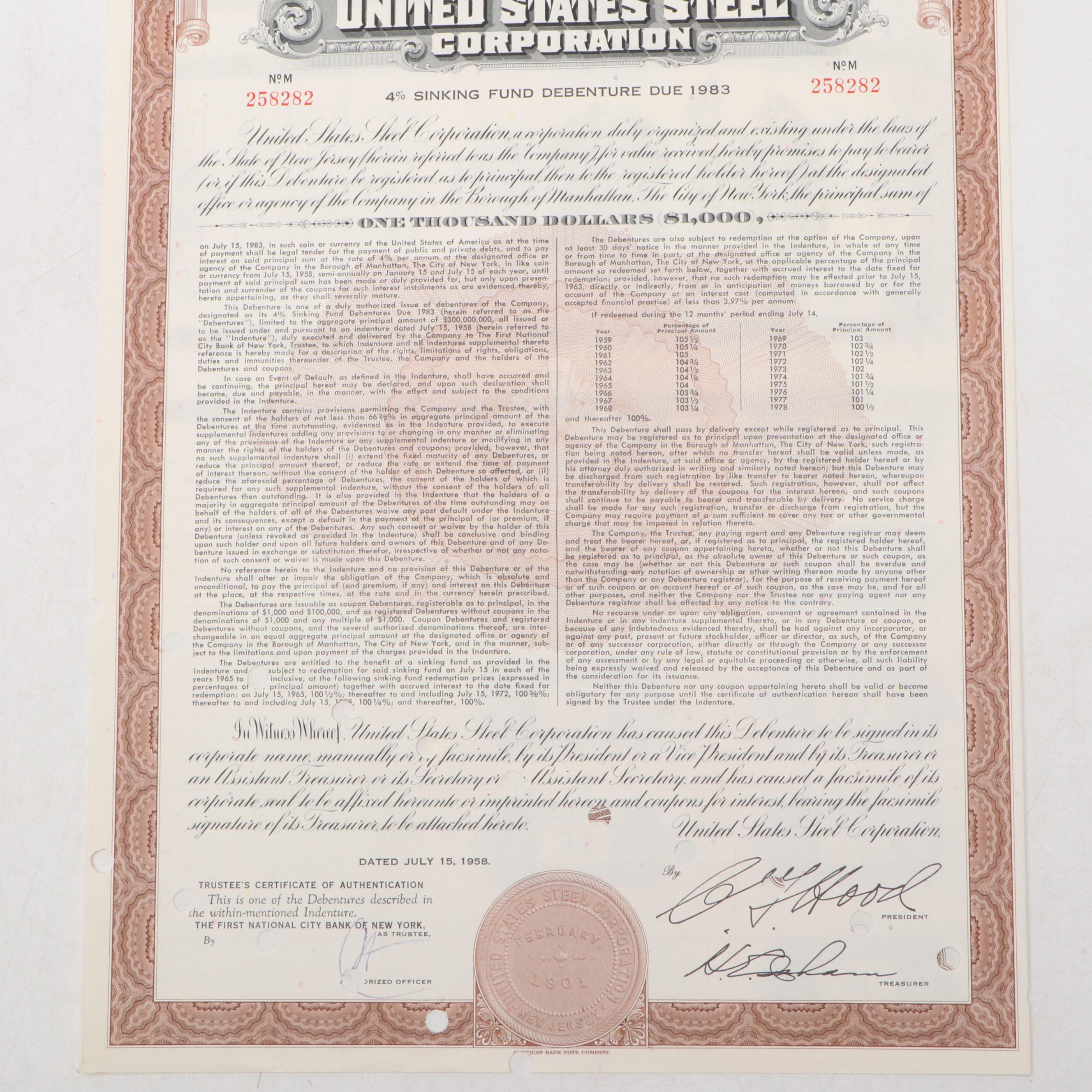 United States Steel Corporation 1,000 Shares Stock Certificate, 1958