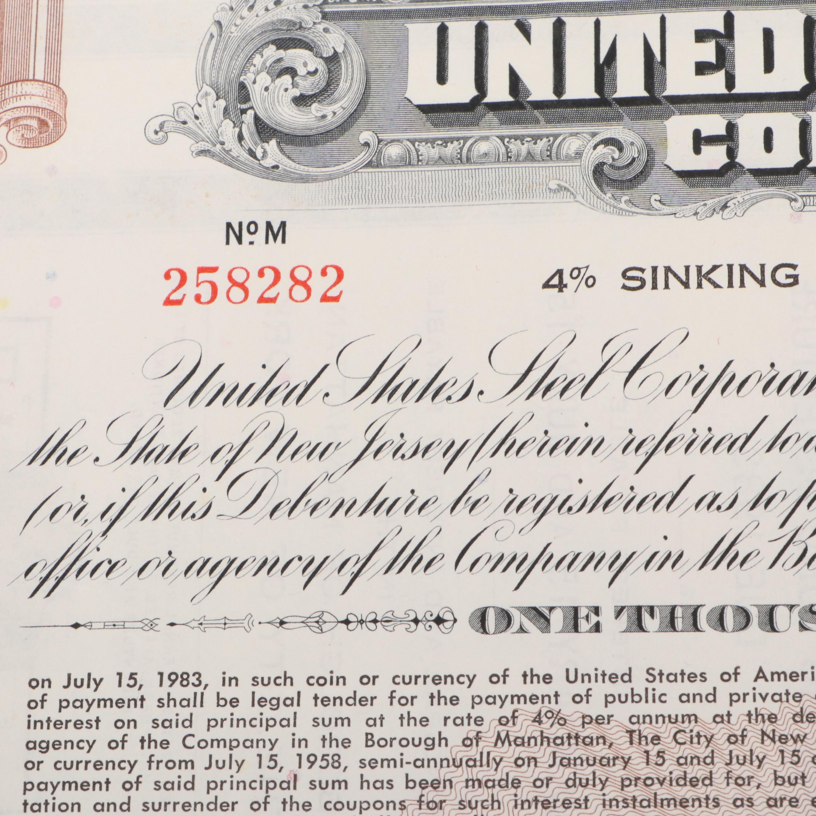 United States Steel Corporation 1,000 Shares Stock Certificate, 1958