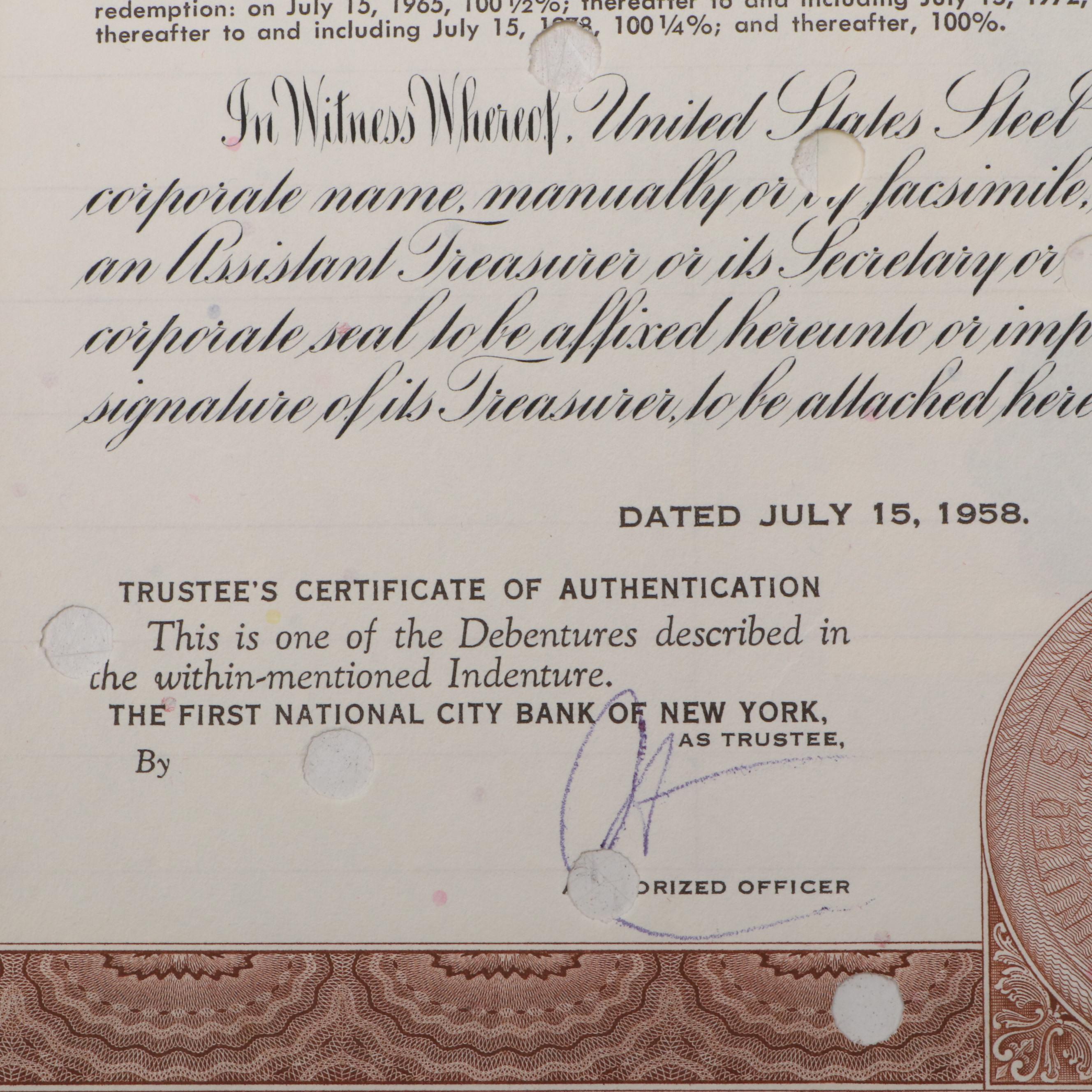 United States Steel Corporation 1,000 Shares Stock Certificate, 1958