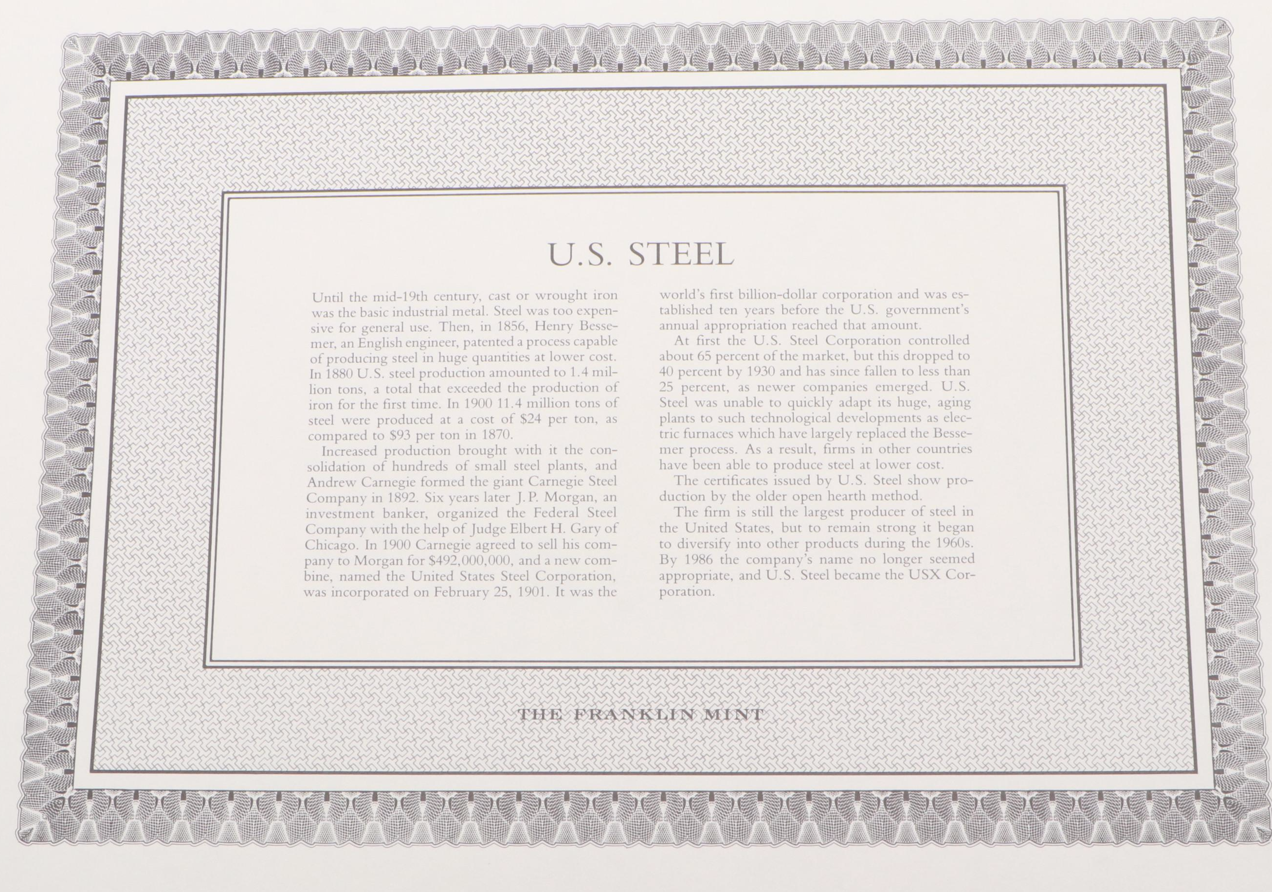 United States Steel Corporation 1,000 Shares Stock Certificate, 1958