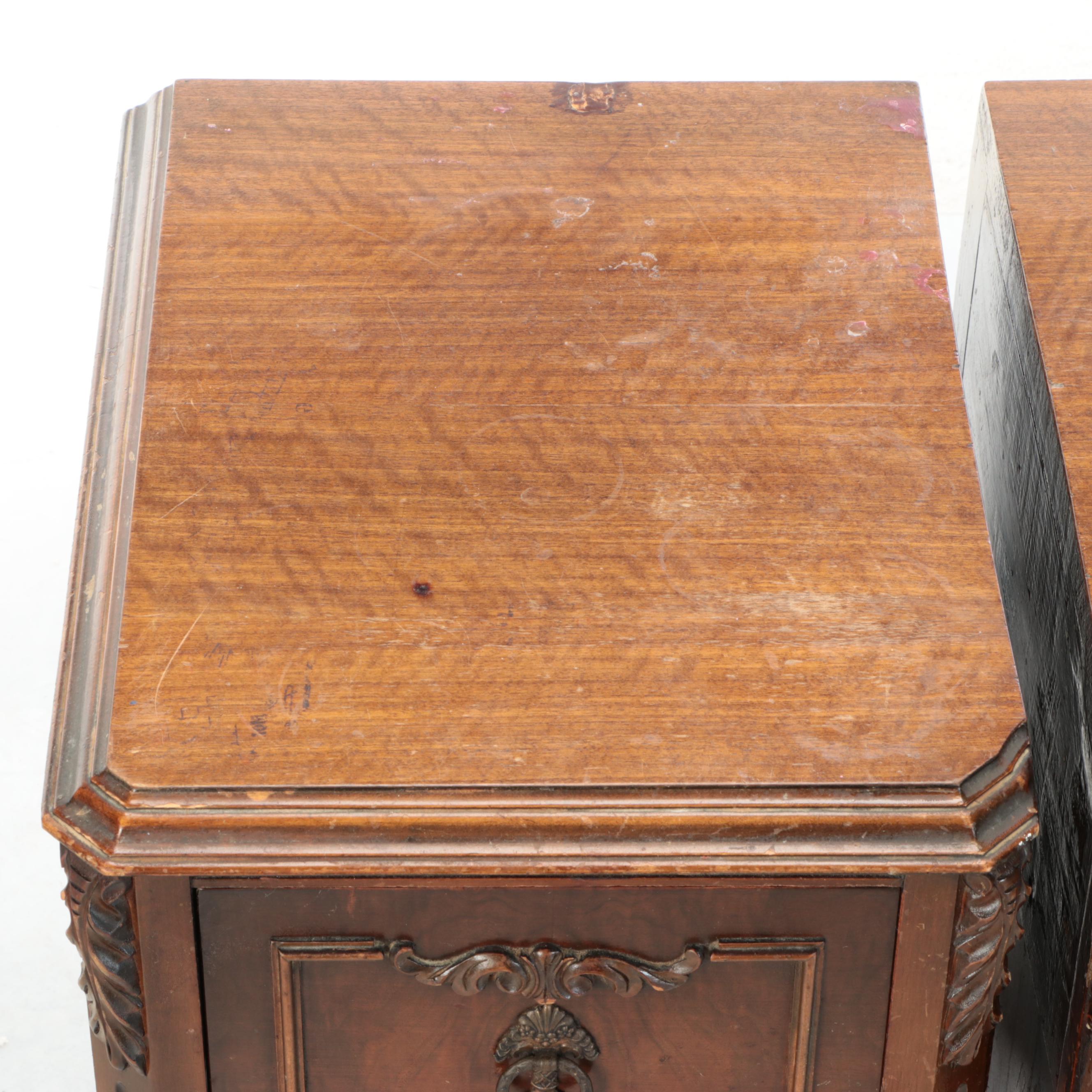 Pair of Jacobean Style Walnut Veneered Nightstands, 1930s