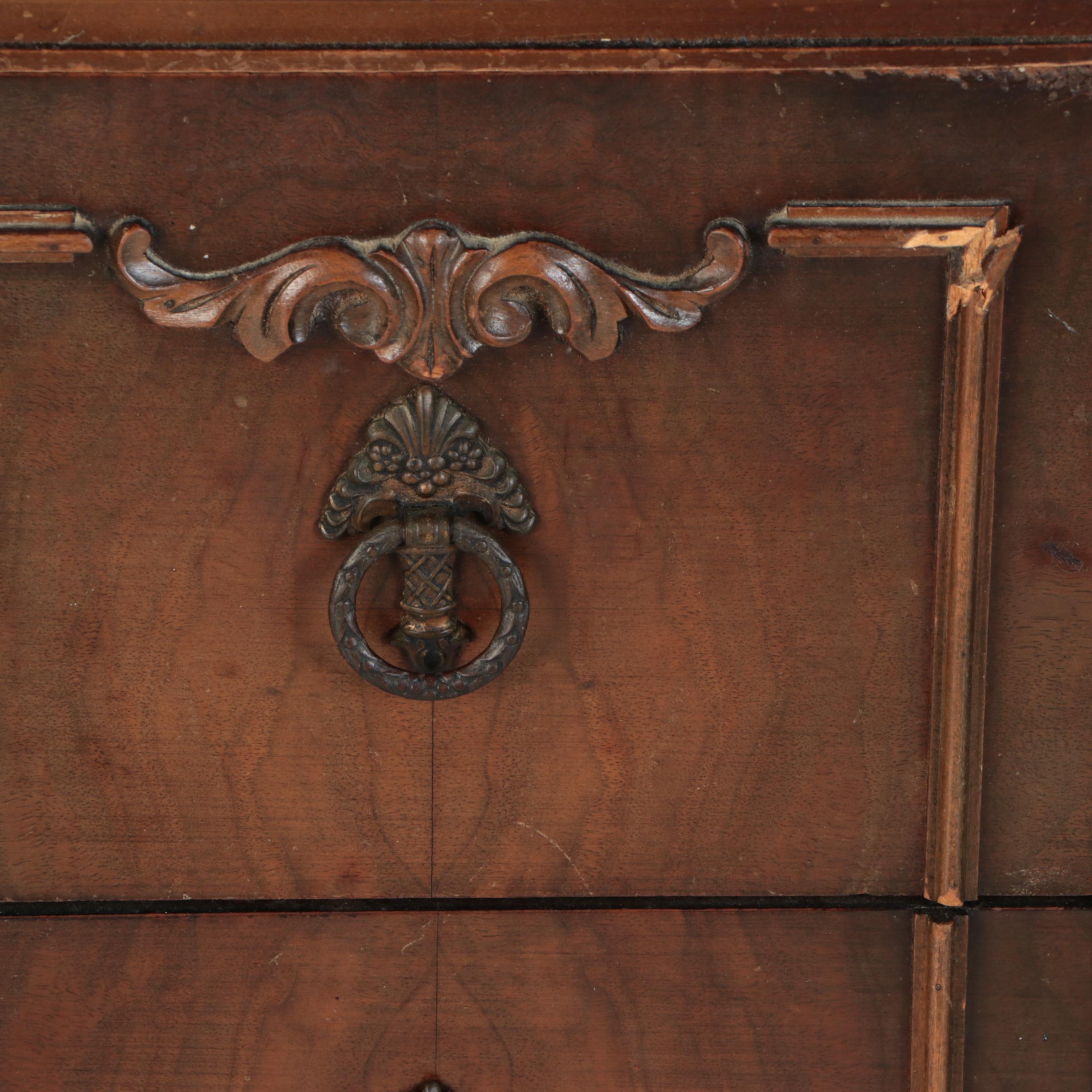 Pair of Jacobean Style Walnut Veneered Nightstands, 1930s