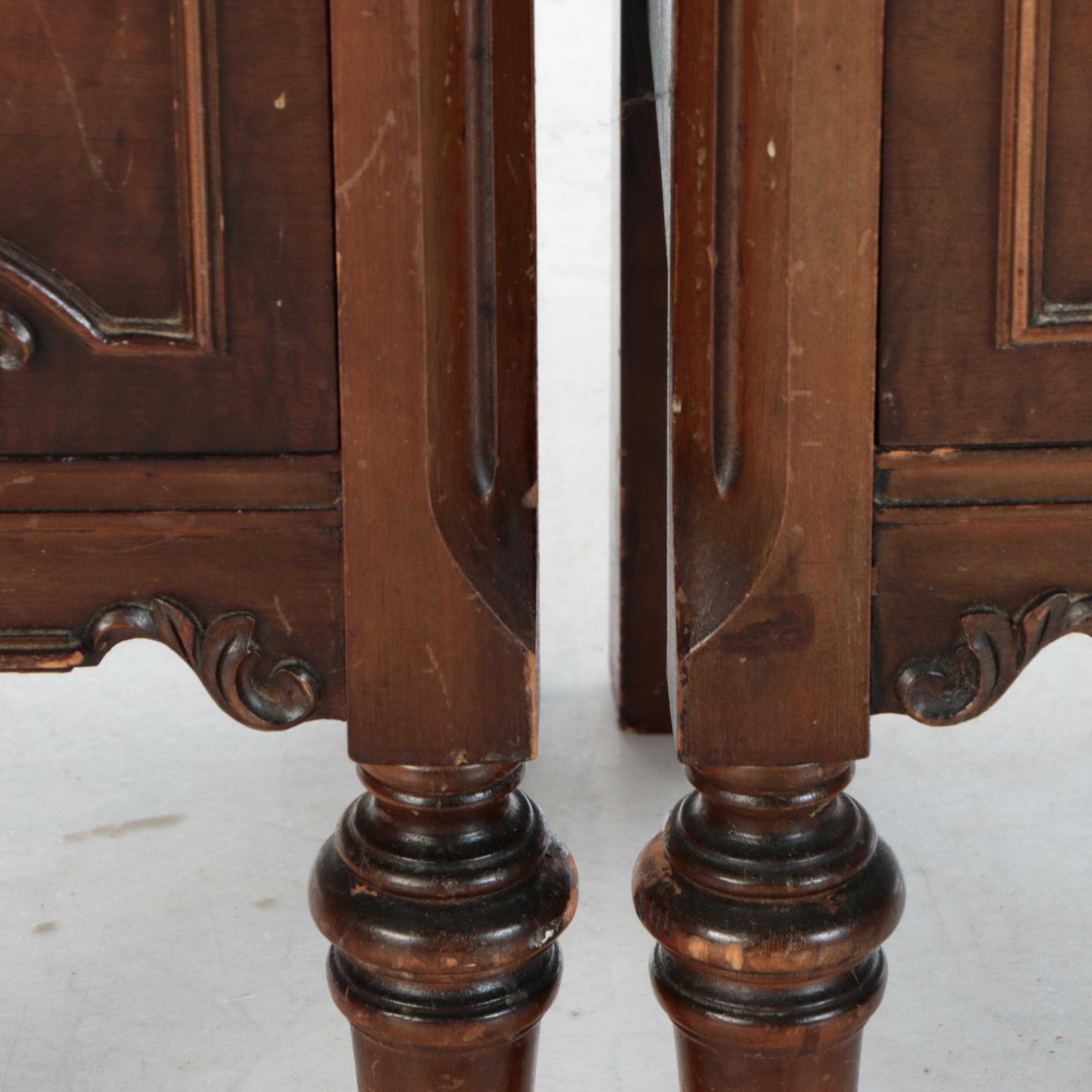 Pair of Jacobean Style Walnut Veneered Nightstands, 1930s
