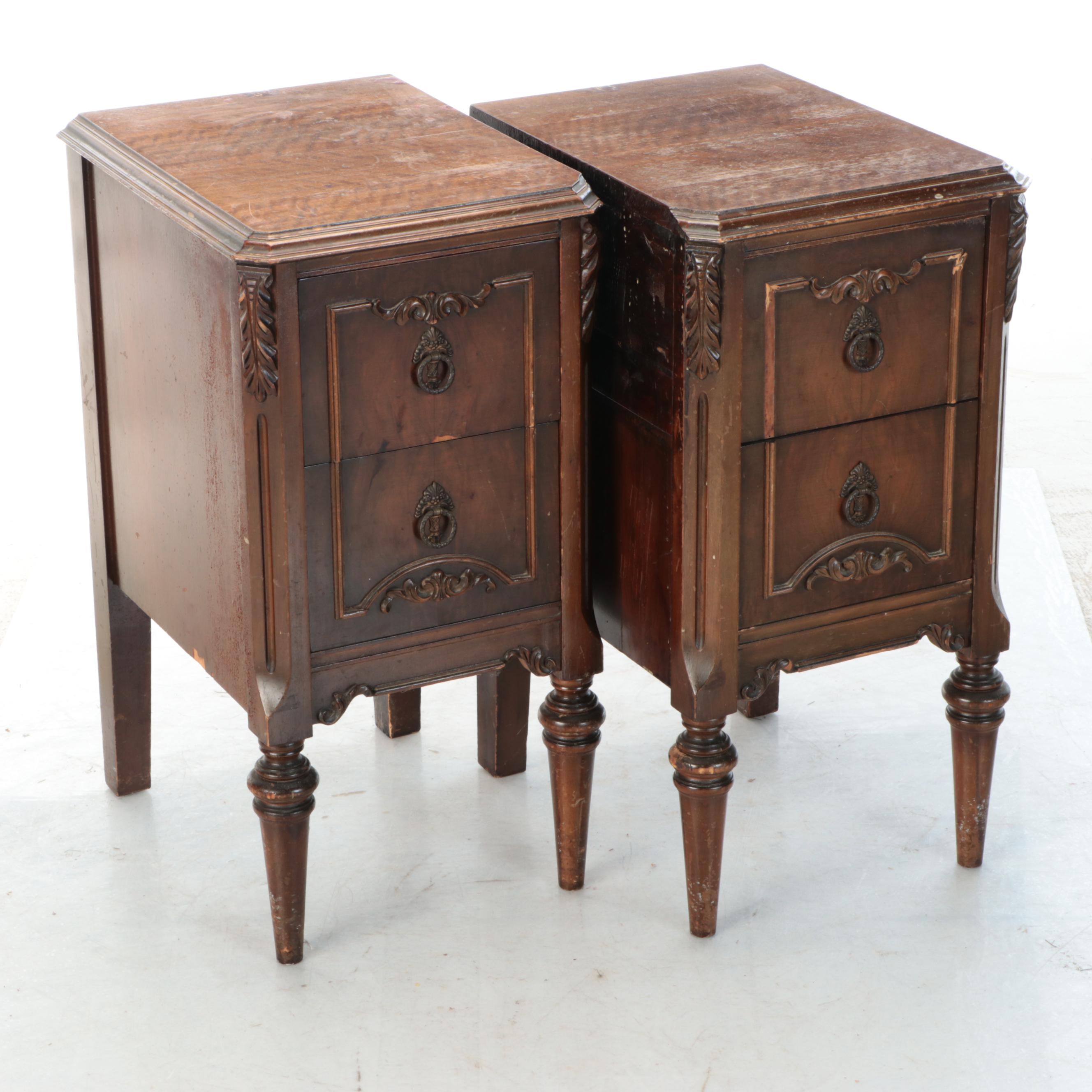 Pair of Jacobean Style Walnut Veneered Nightstands, 1930s