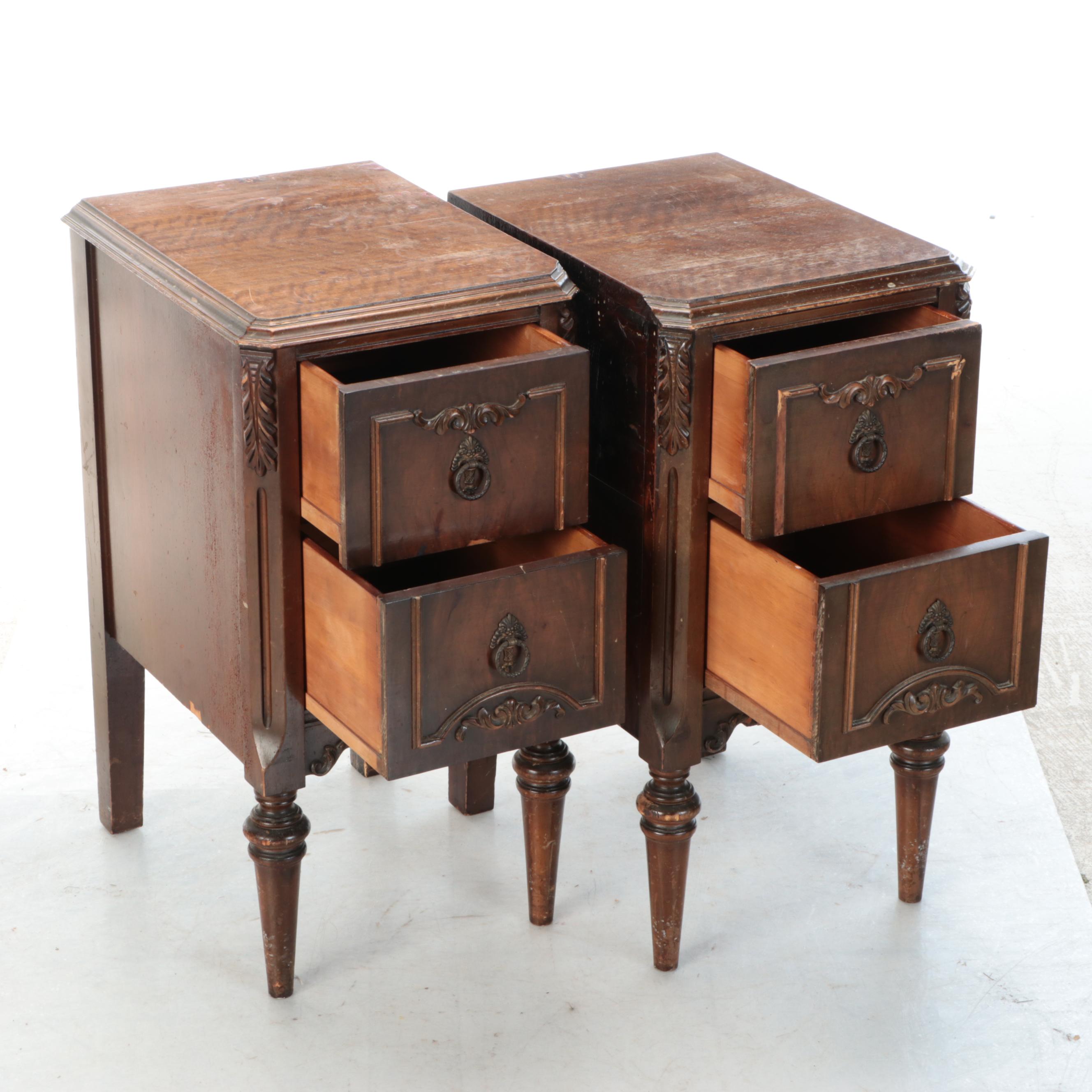 Pair of Jacobean Style Walnut Veneered Nightstands, 1930s