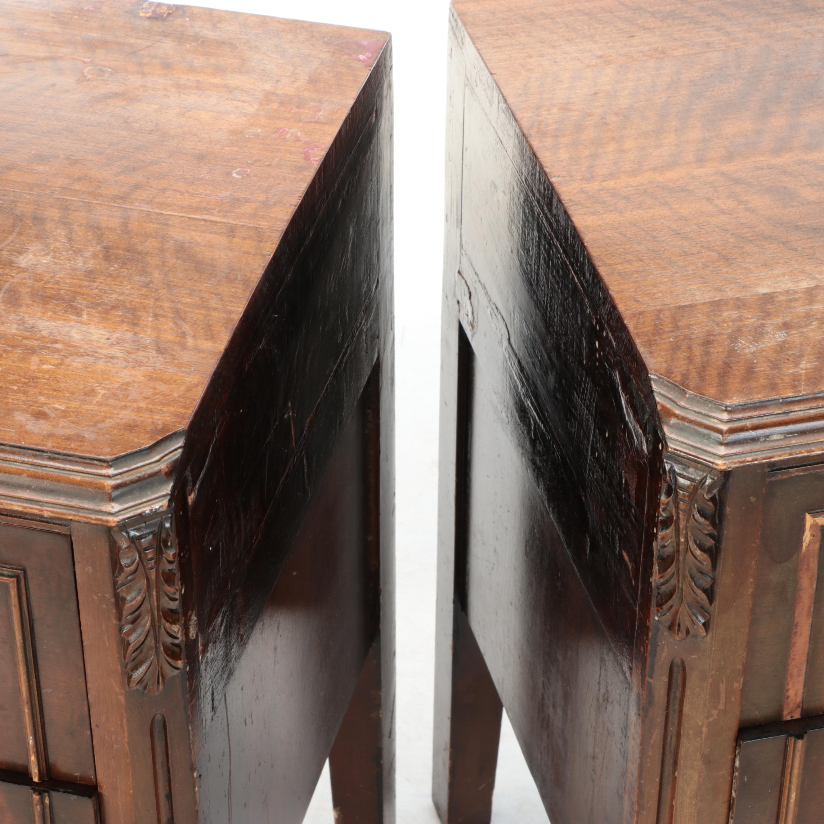 Pair of Jacobean Style Walnut Veneered Nightstands, 1930s