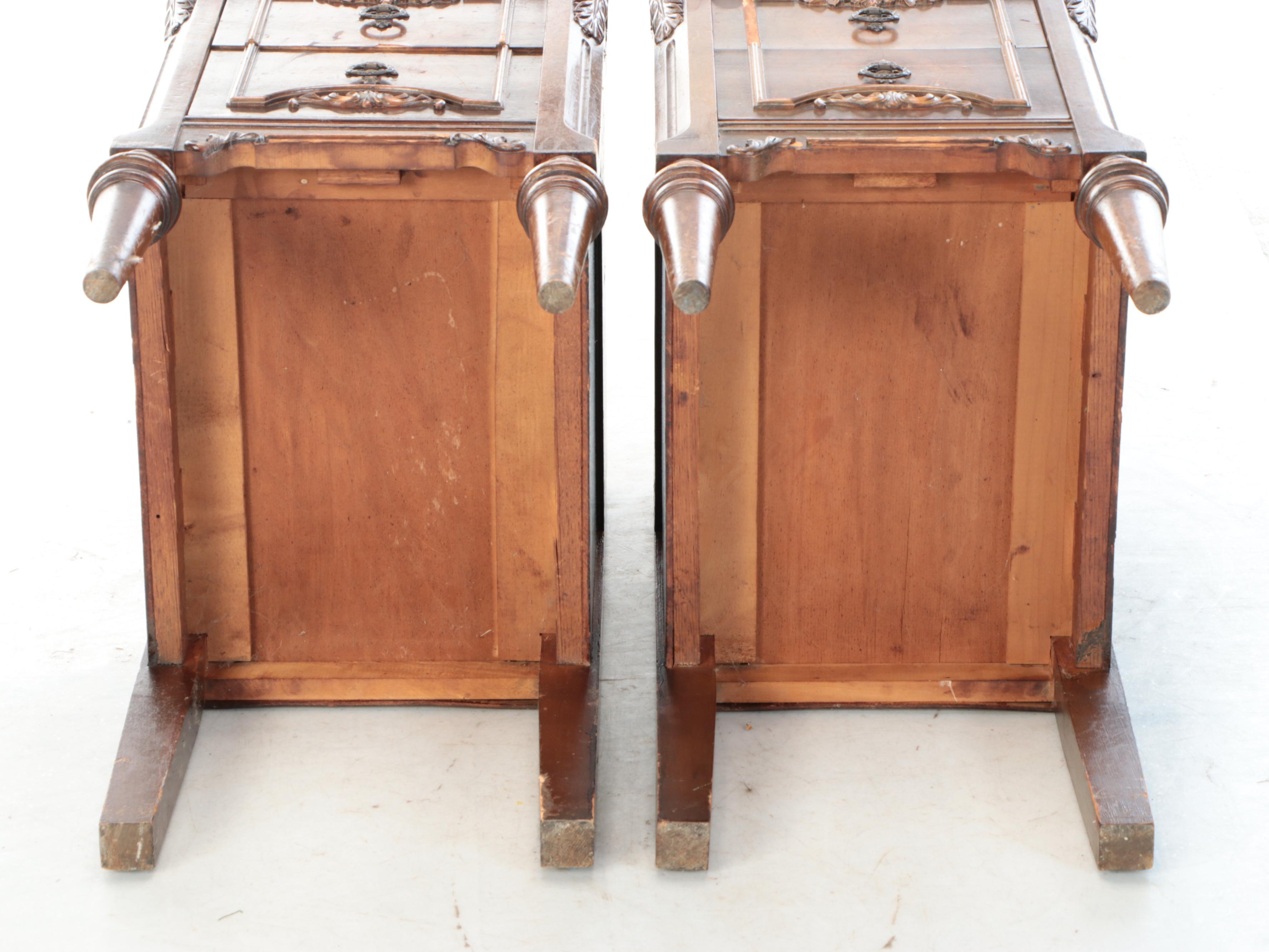 Pair of Jacobean Style Walnut Veneered Nightstands, 1930s
