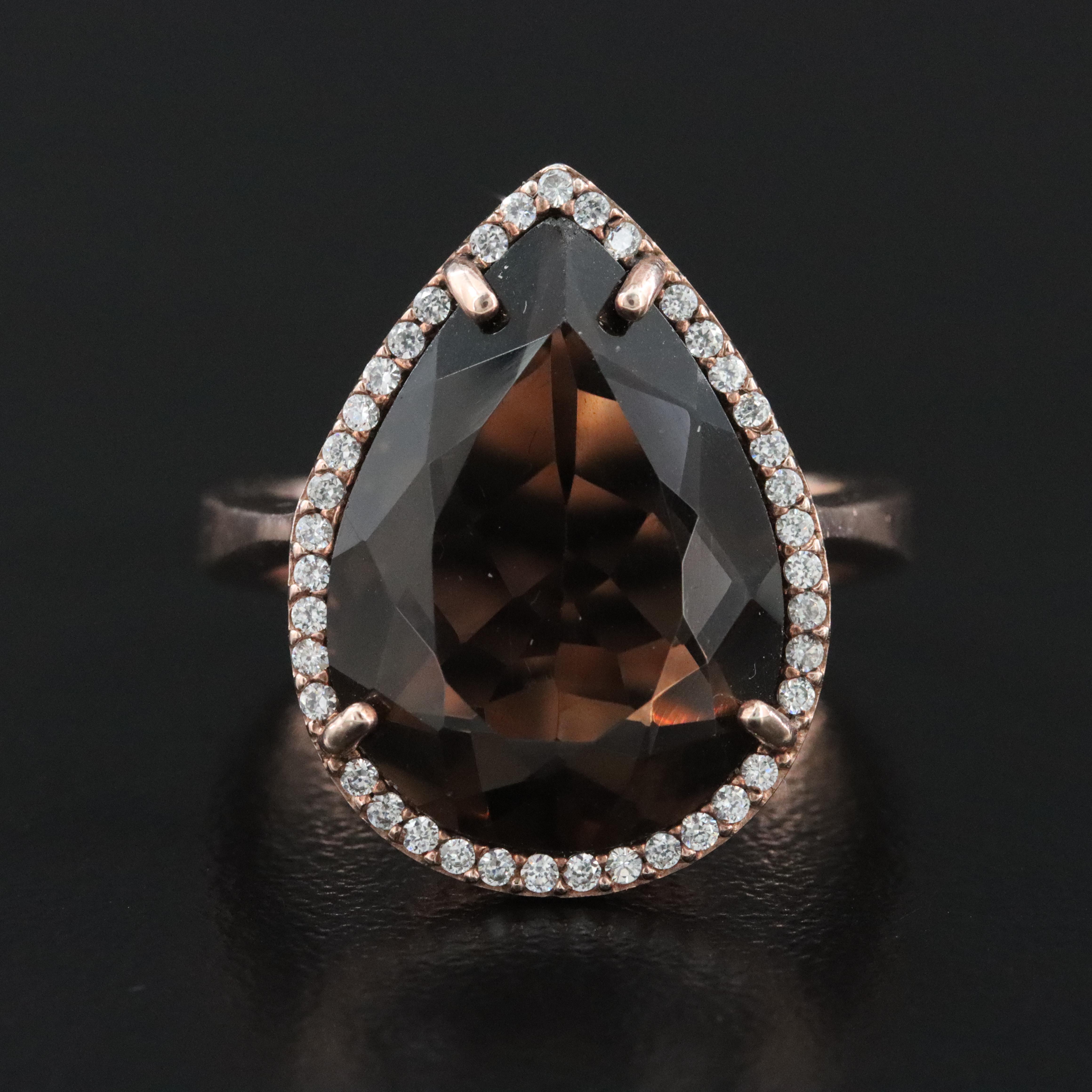 Sterling Smoky Quartz and Cubic Zirconia Pear Ring