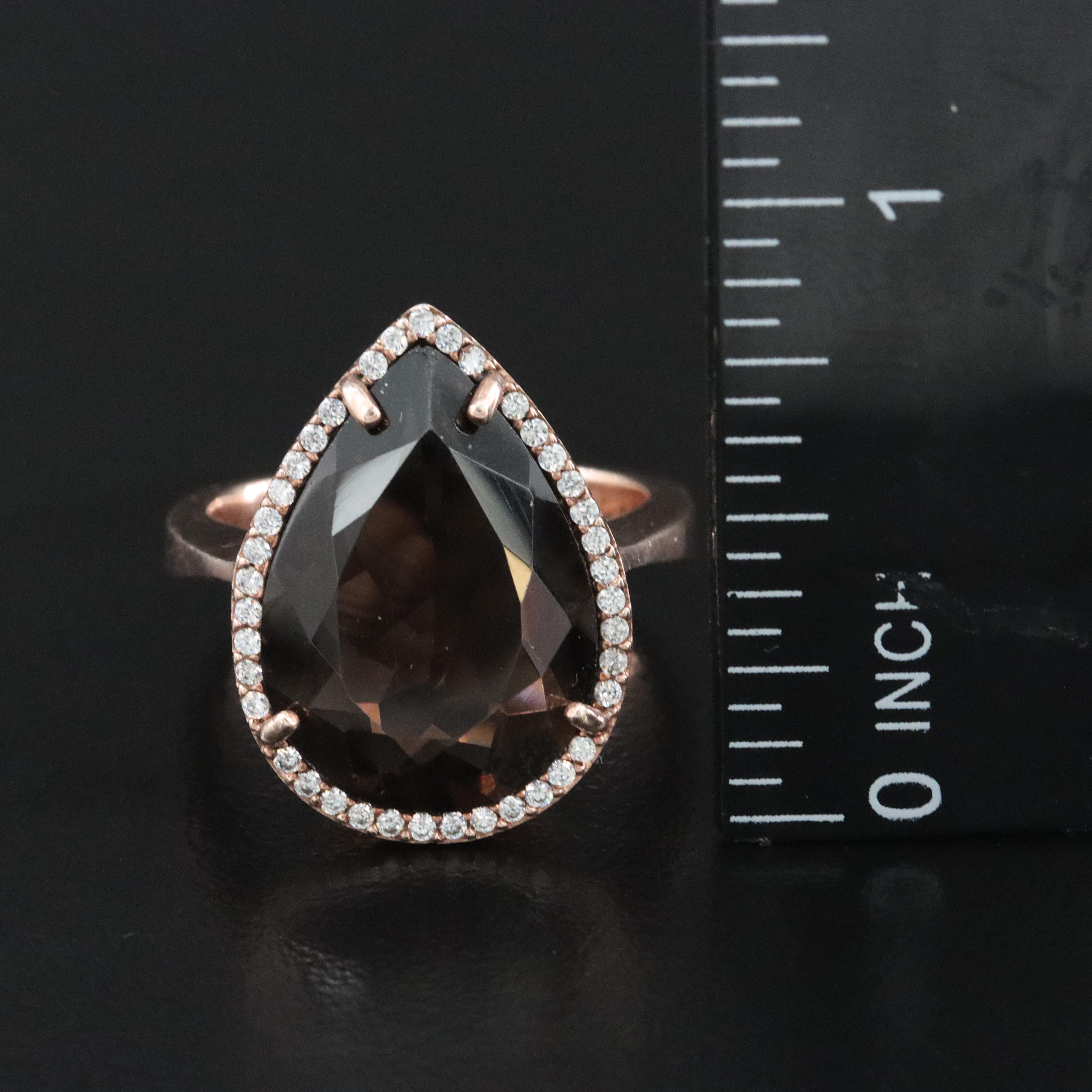Sterling Smoky Quartz and Cubic Zirconia Pear Ring