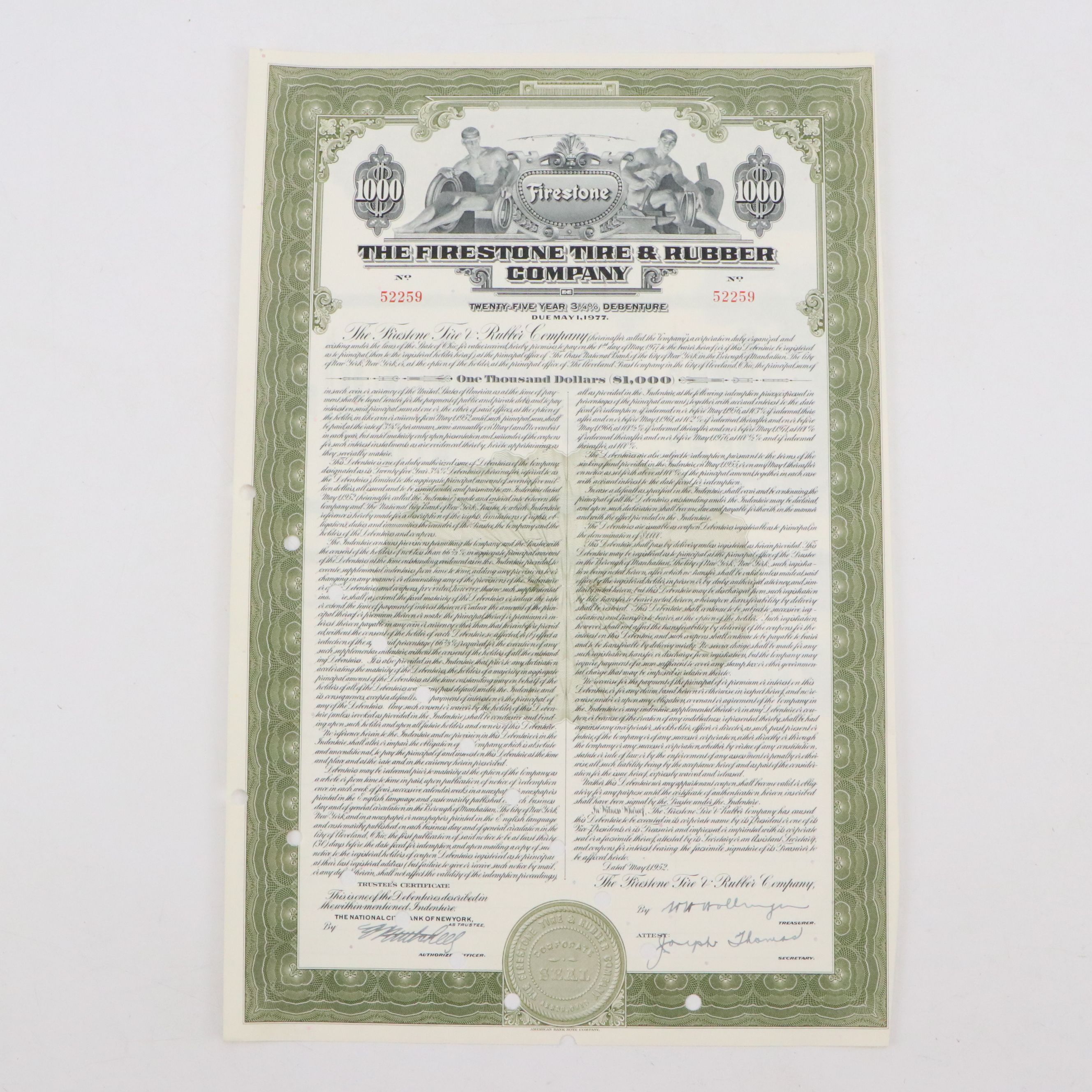 The Firestone Tire & Rubber Company 1,000 Shares Stock Certificate, 1952