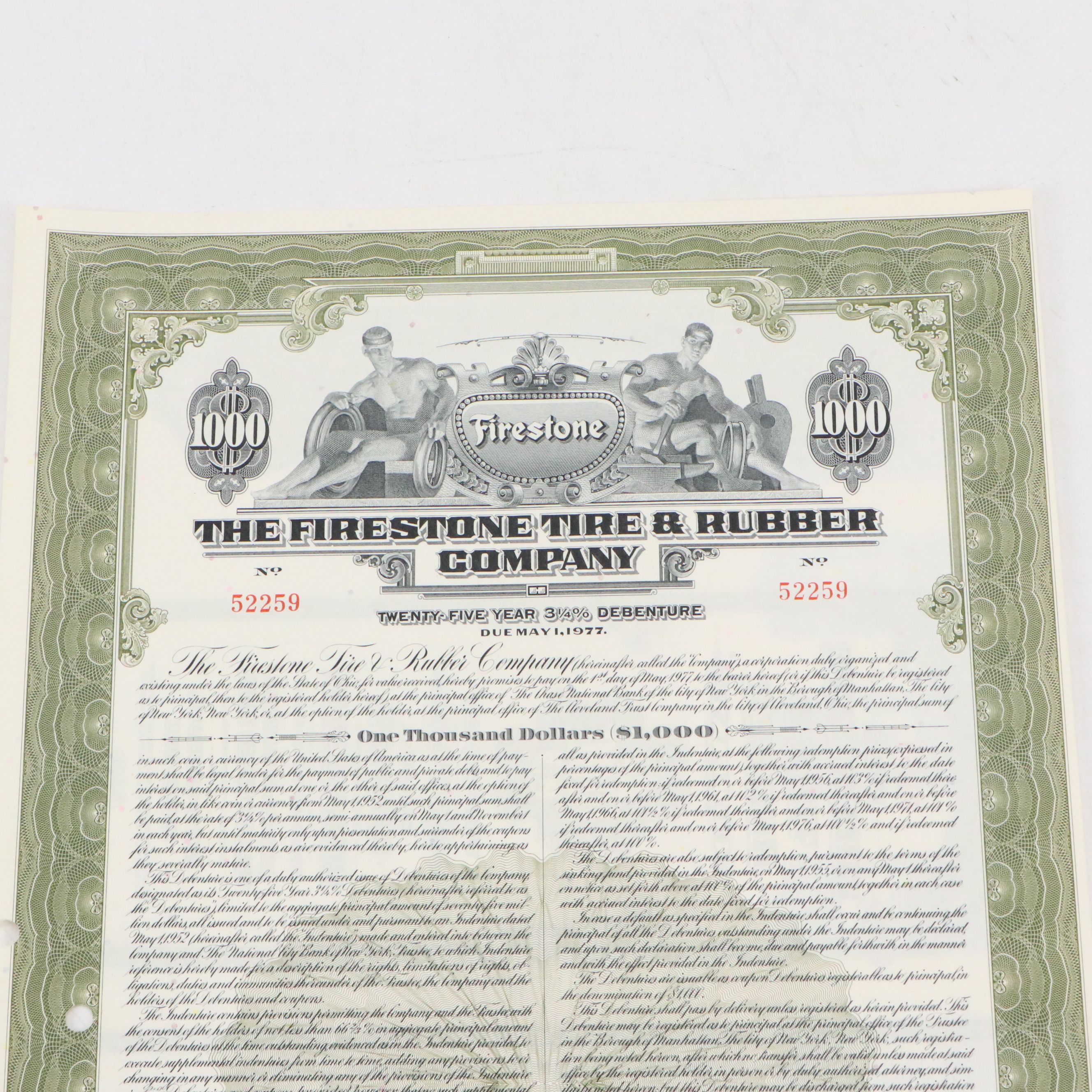 The Firestone Tire & Rubber Company 1,000 Shares Stock Certificate, 1952