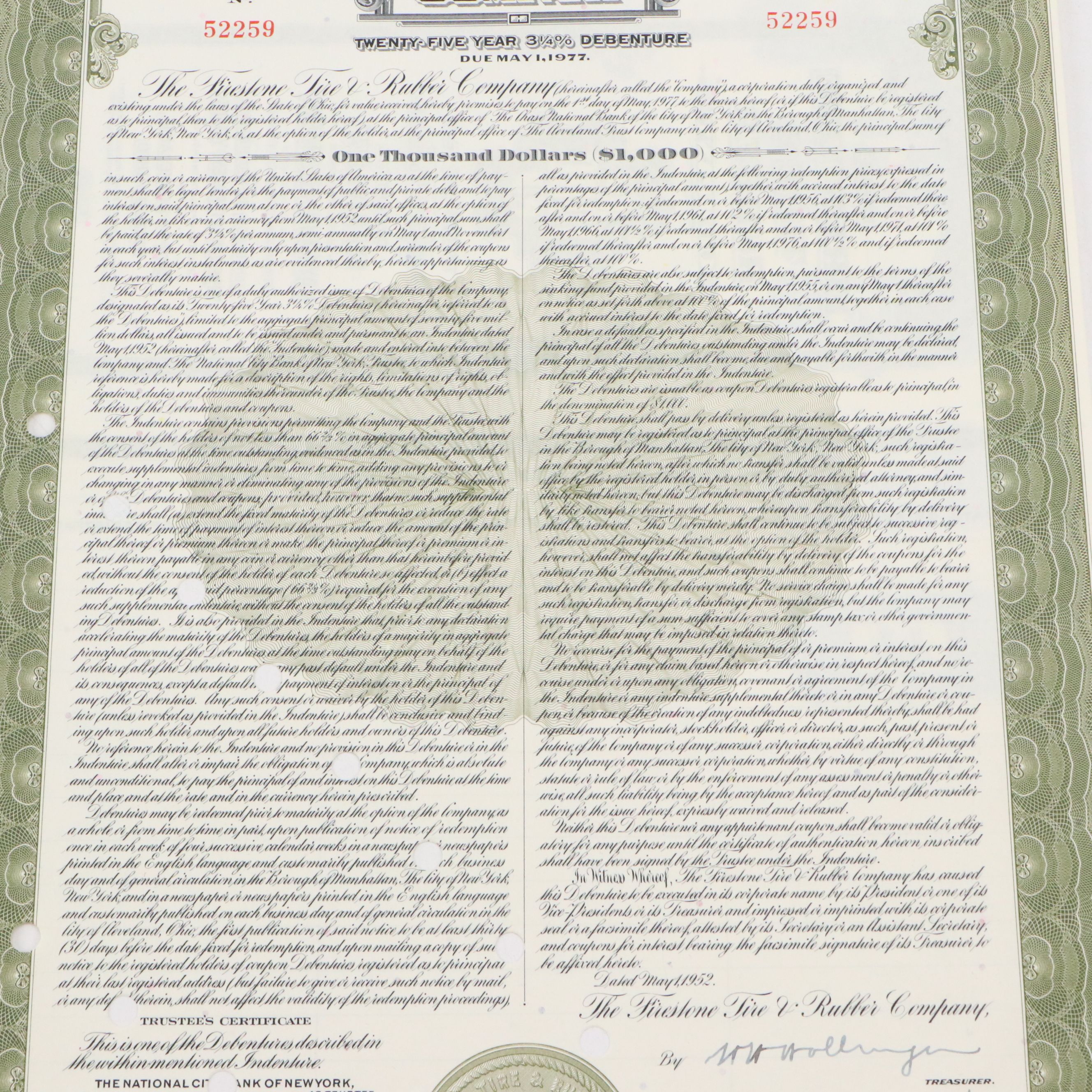 The Firestone Tire & Rubber Company 1,000 Shares Stock Certificate, 1952