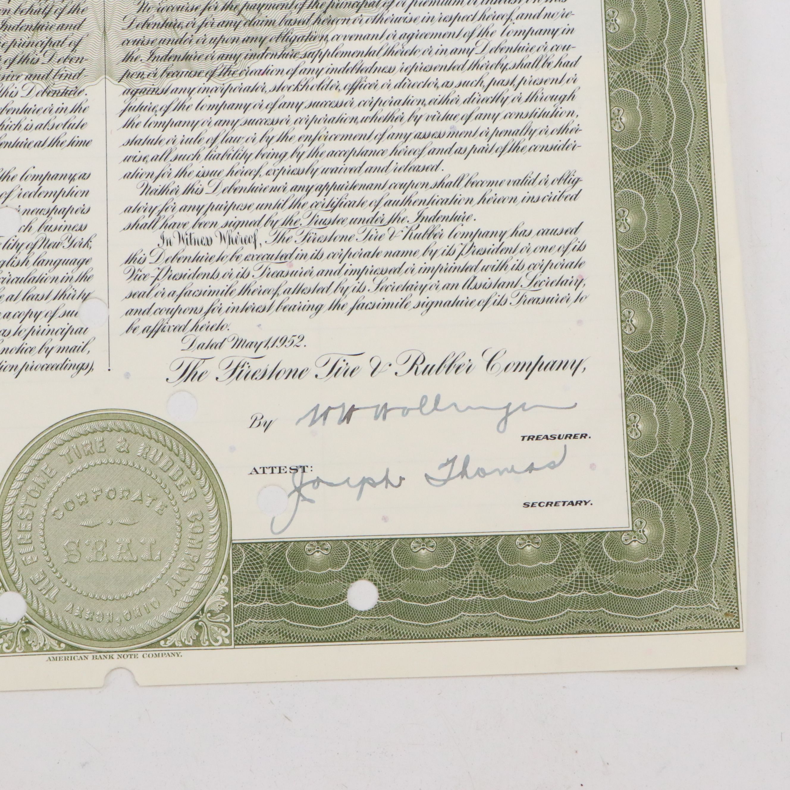 The Firestone Tire & Rubber Company 1,000 Shares Stock Certificate, 1952