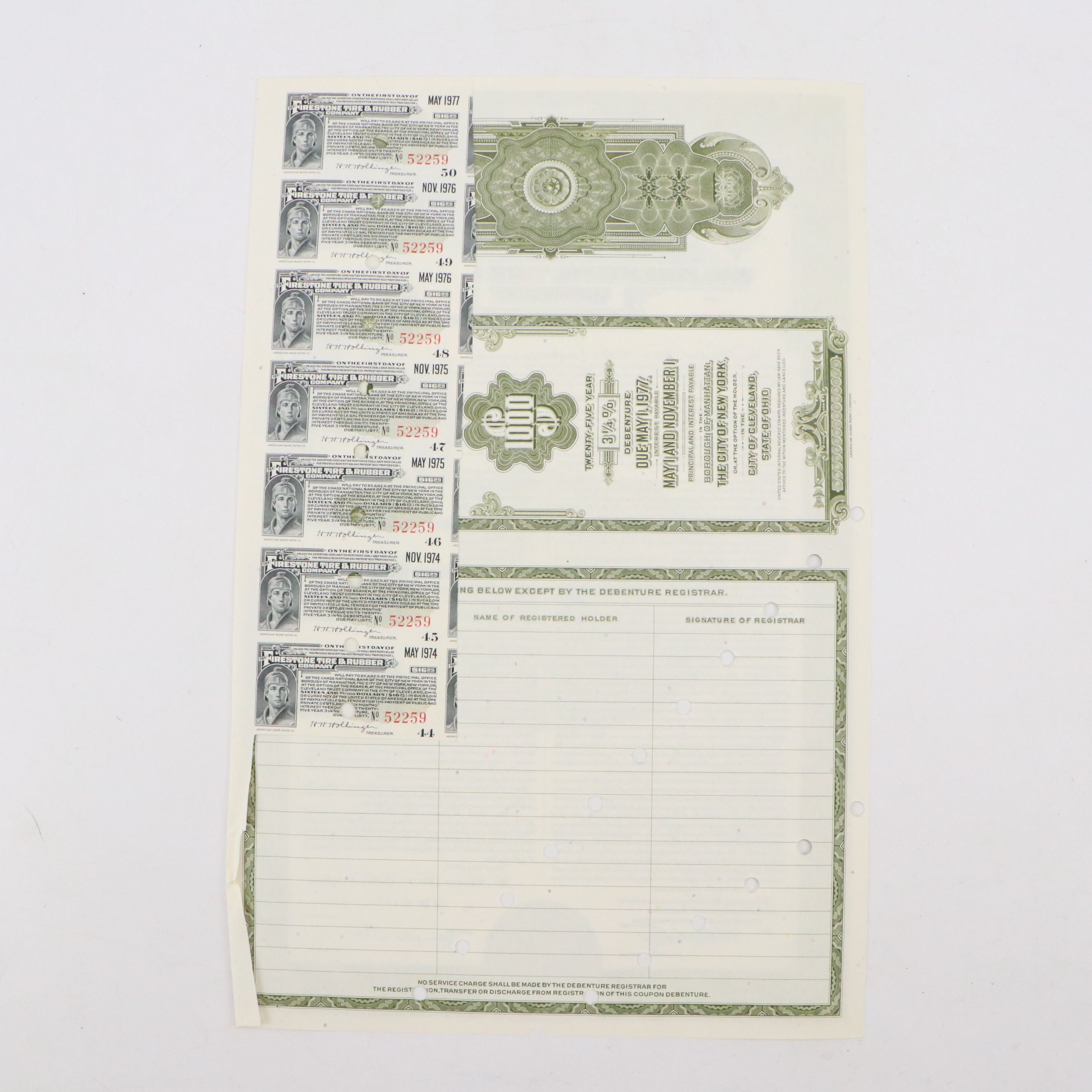 The Firestone Tire & Rubber Company 1,000 Shares Stock Certificate, 1952