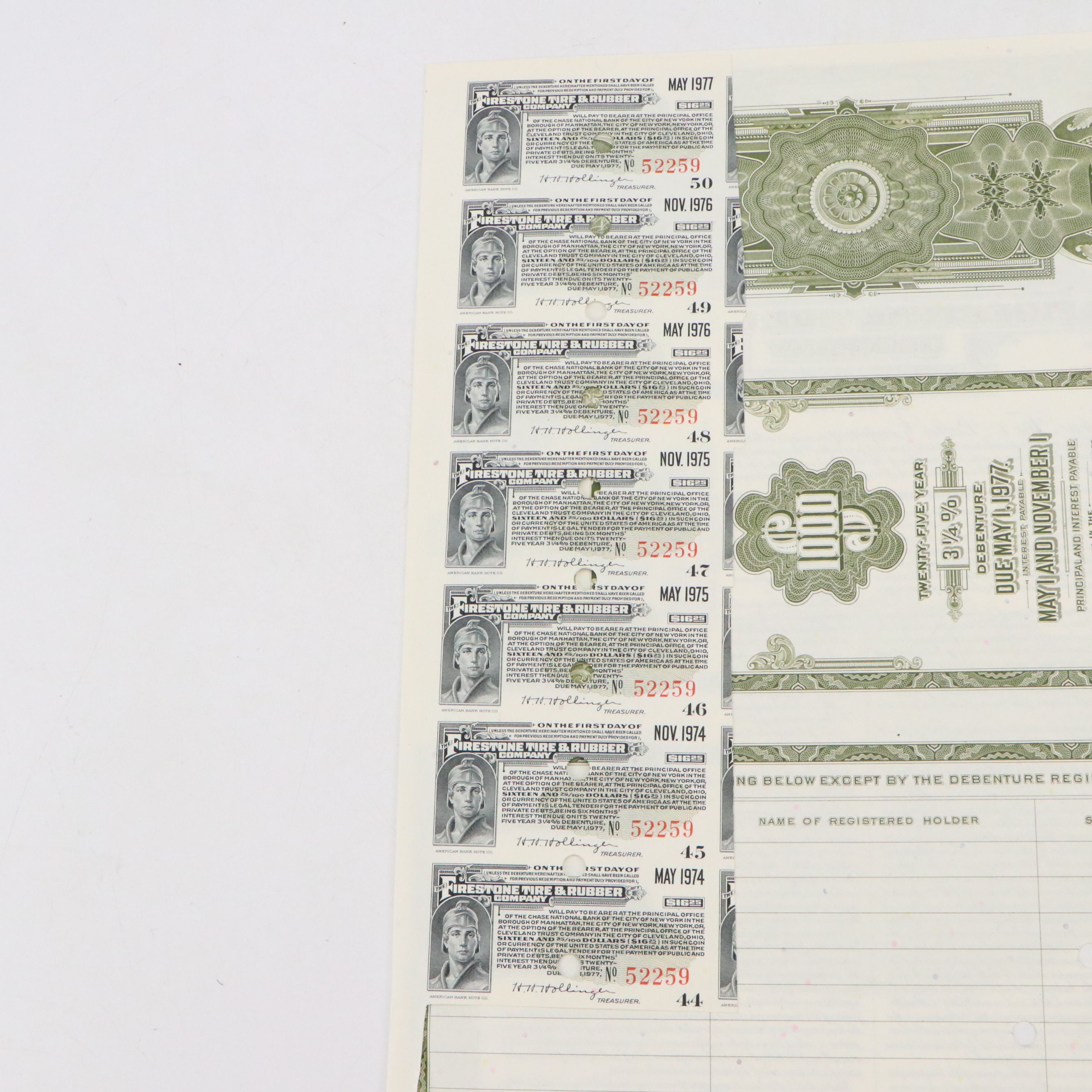 The Firestone Tire & Rubber Company 1,000 Shares Stock Certificate, 1952