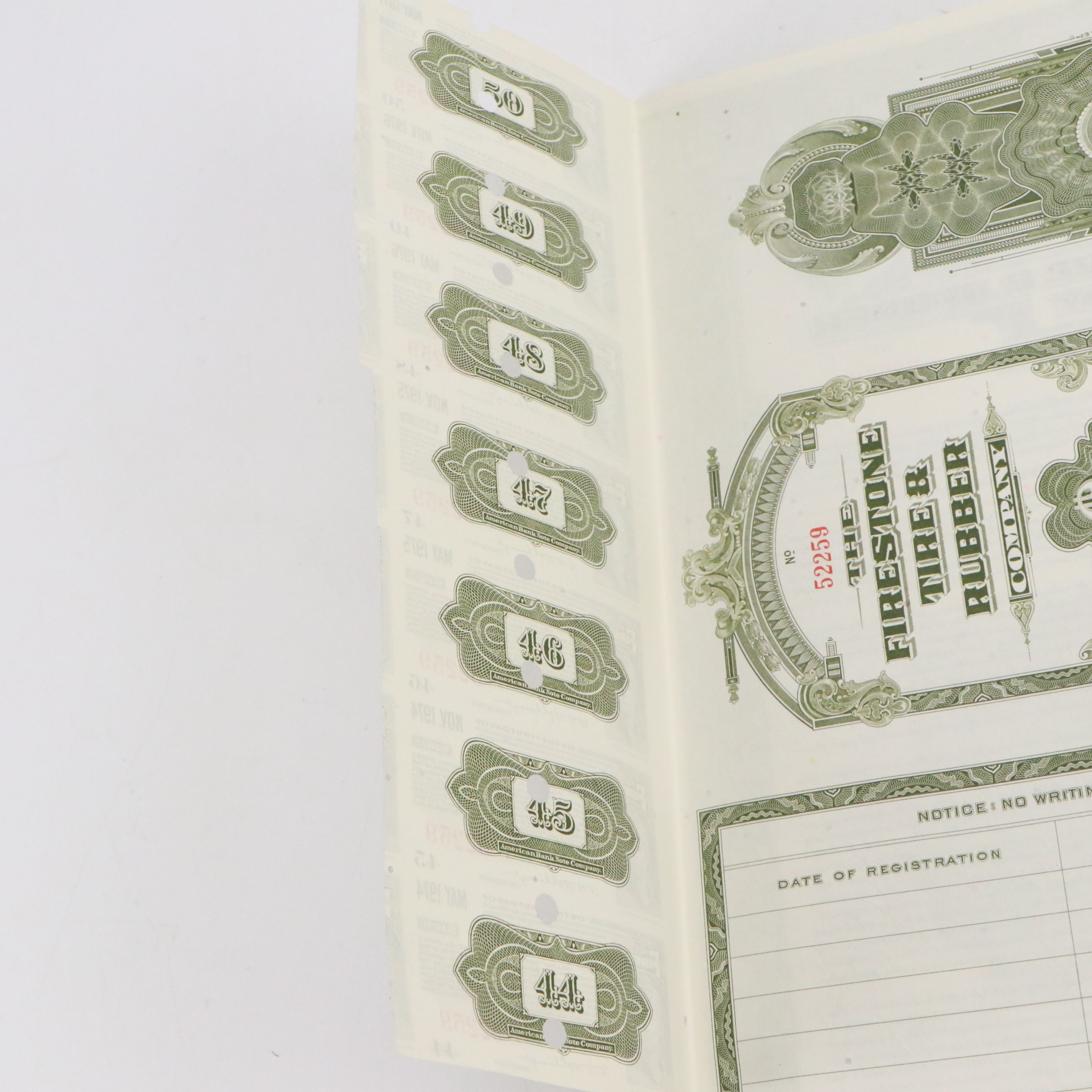 The Firestone Tire & Rubber Company 1,000 Shares Stock Certificate, 1952