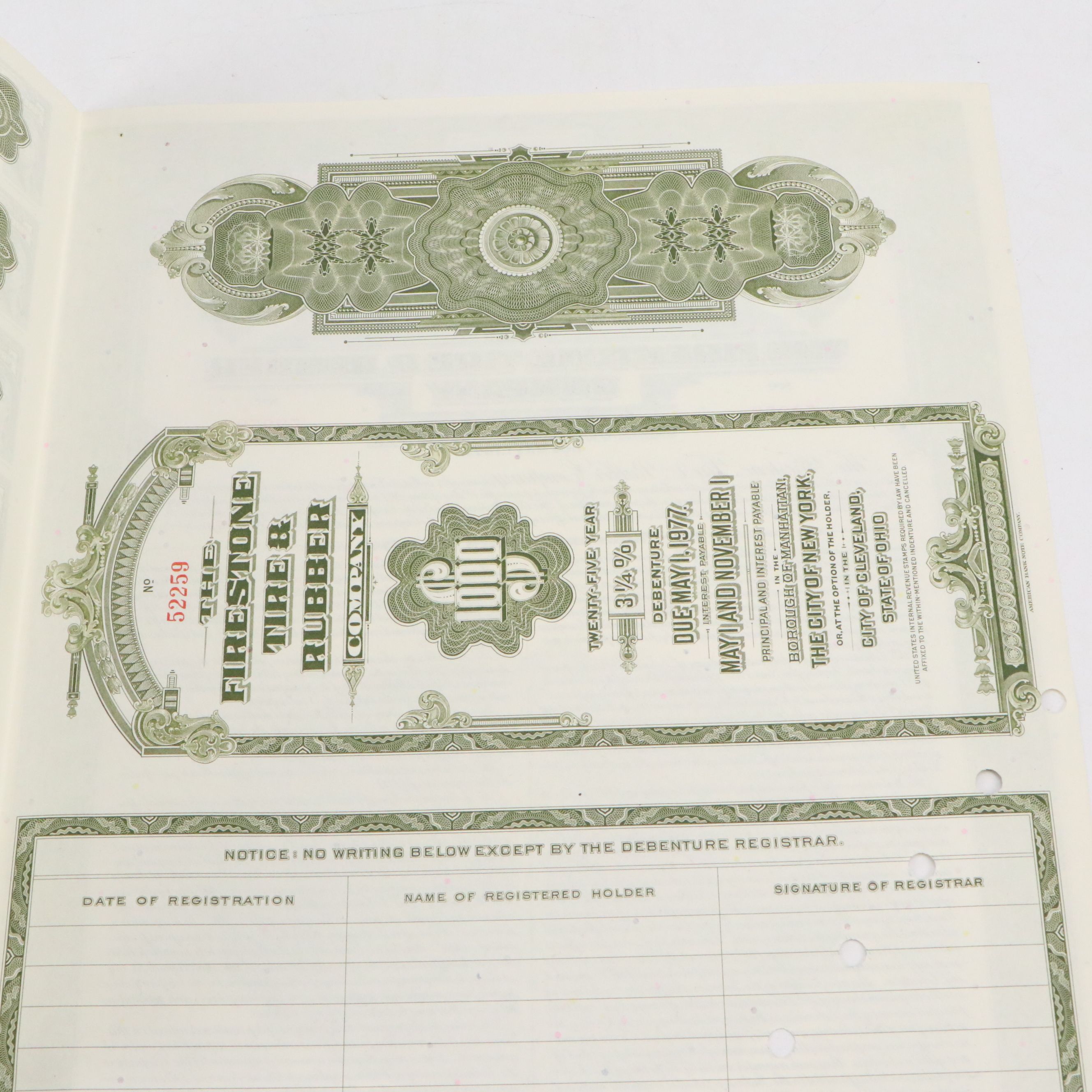 The Firestone Tire & Rubber Company 1,000 Shares Stock Certificate, 1952