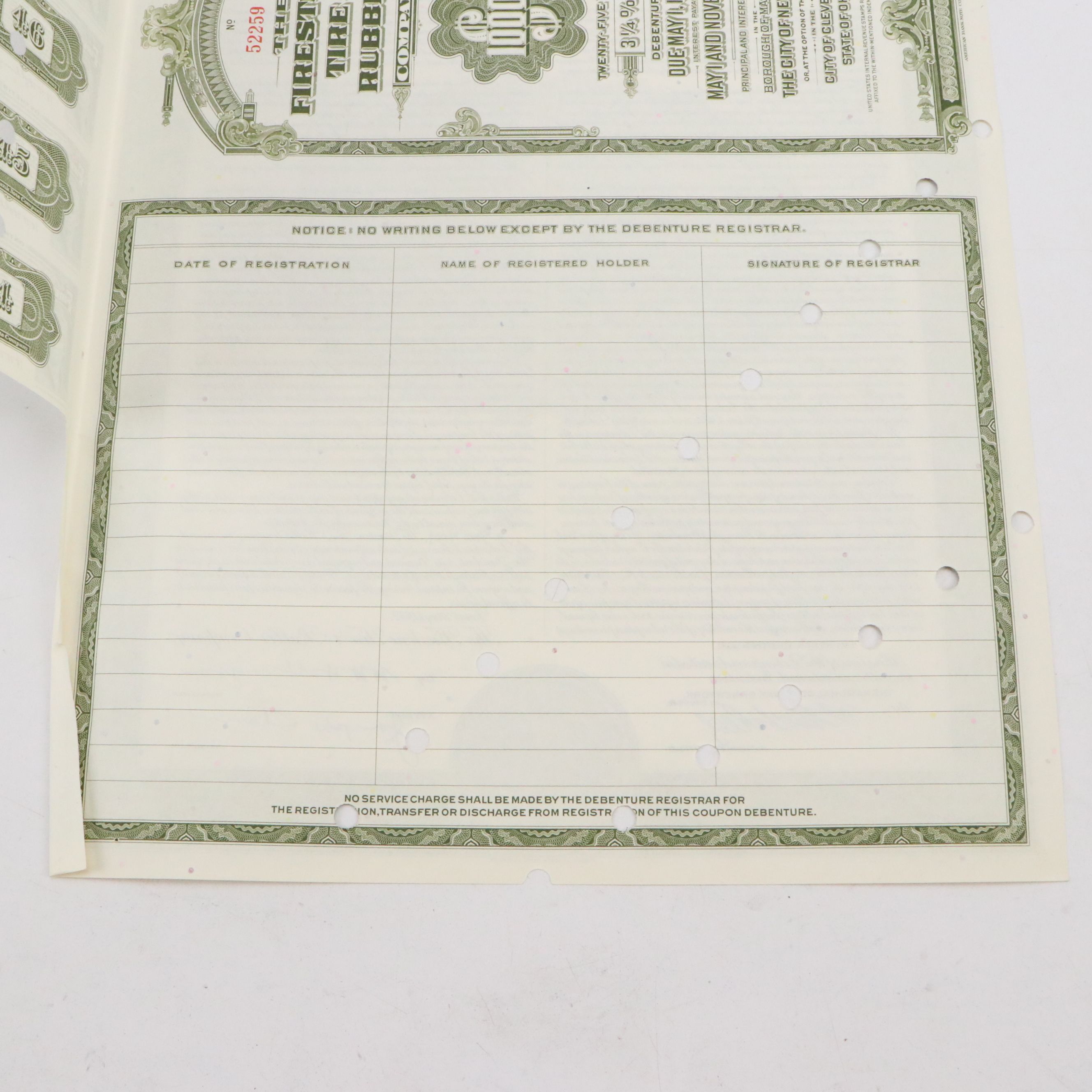 The Firestone Tire & Rubber Company 1,000 Shares Stock Certificate, 1952