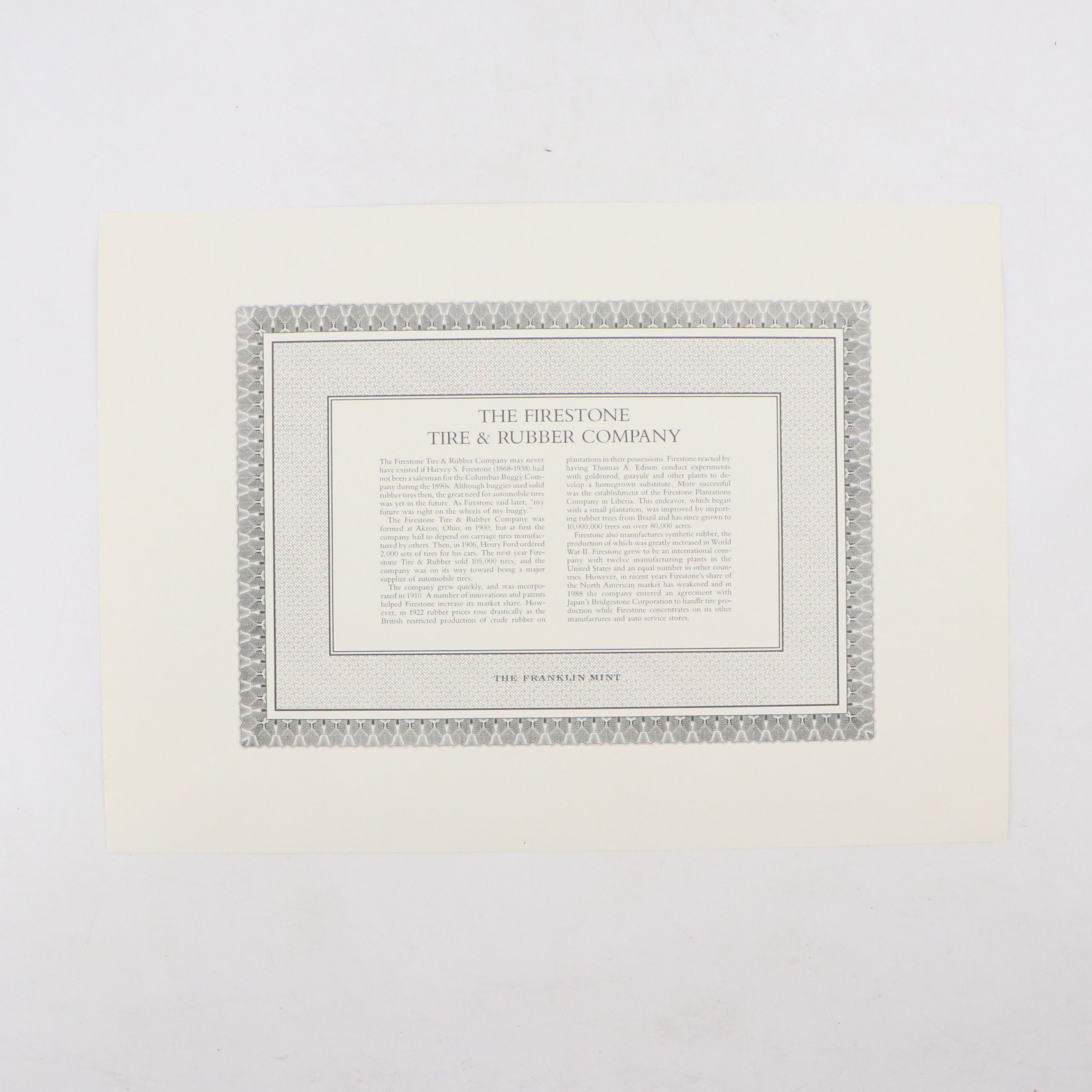 The Firestone Tire & Rubber Company 1,000 Shares Stock Certificate, 1952