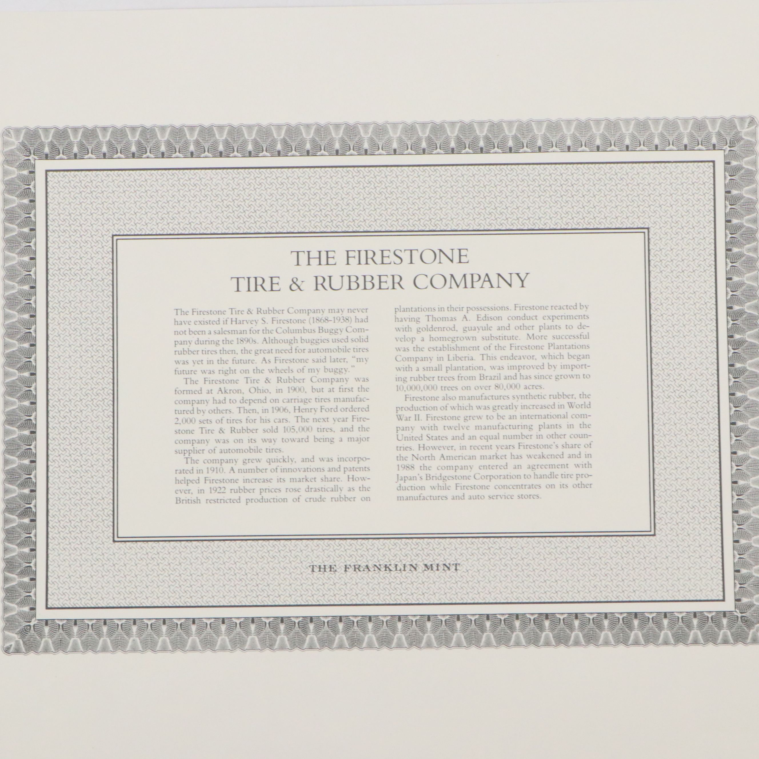 The Firestone Tire & Rubber Company 1,000 Shares Stock Certificate, 1952