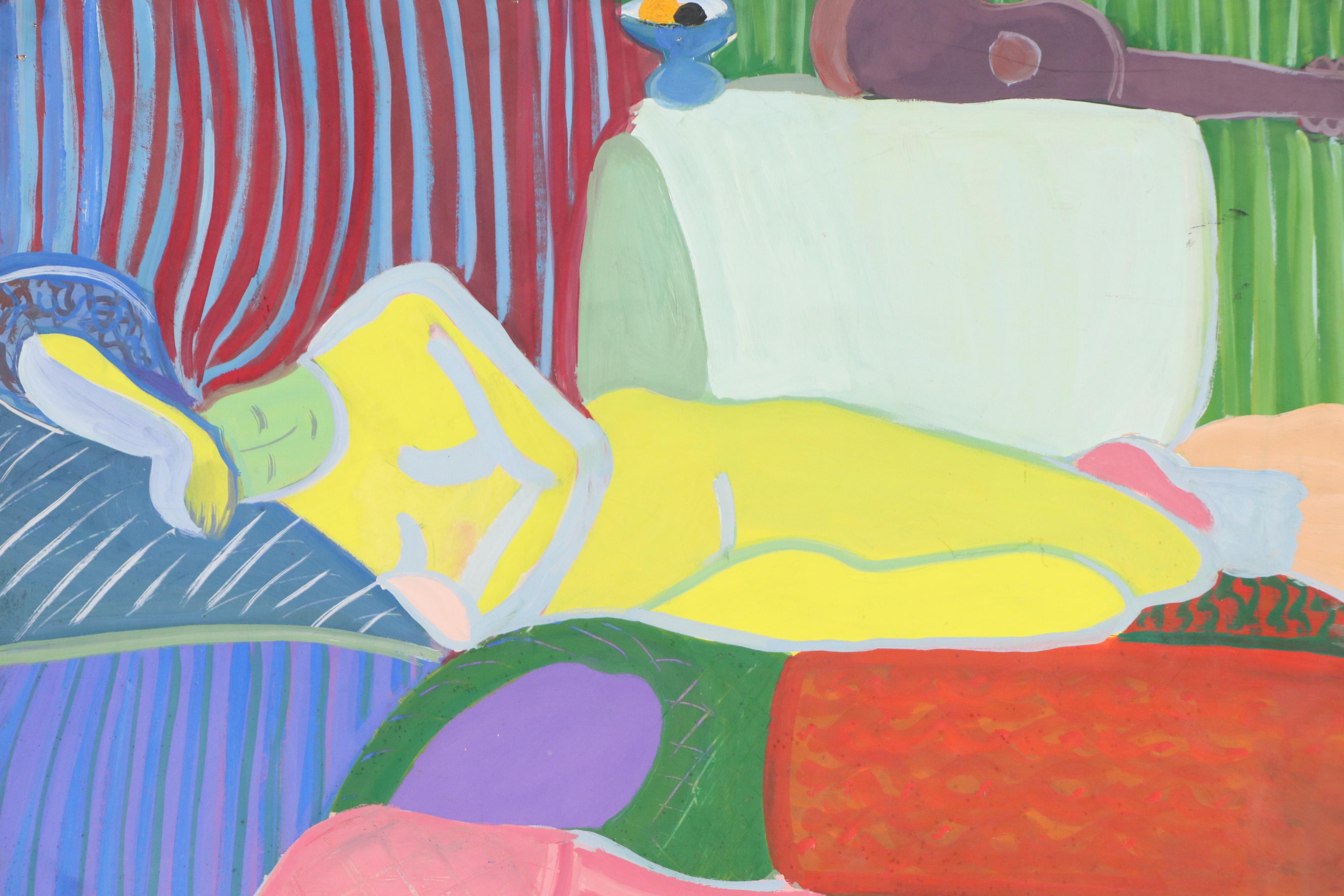 Stylized Acrylic Painting of Lounging Figure With Fruit Bowl and Guitar